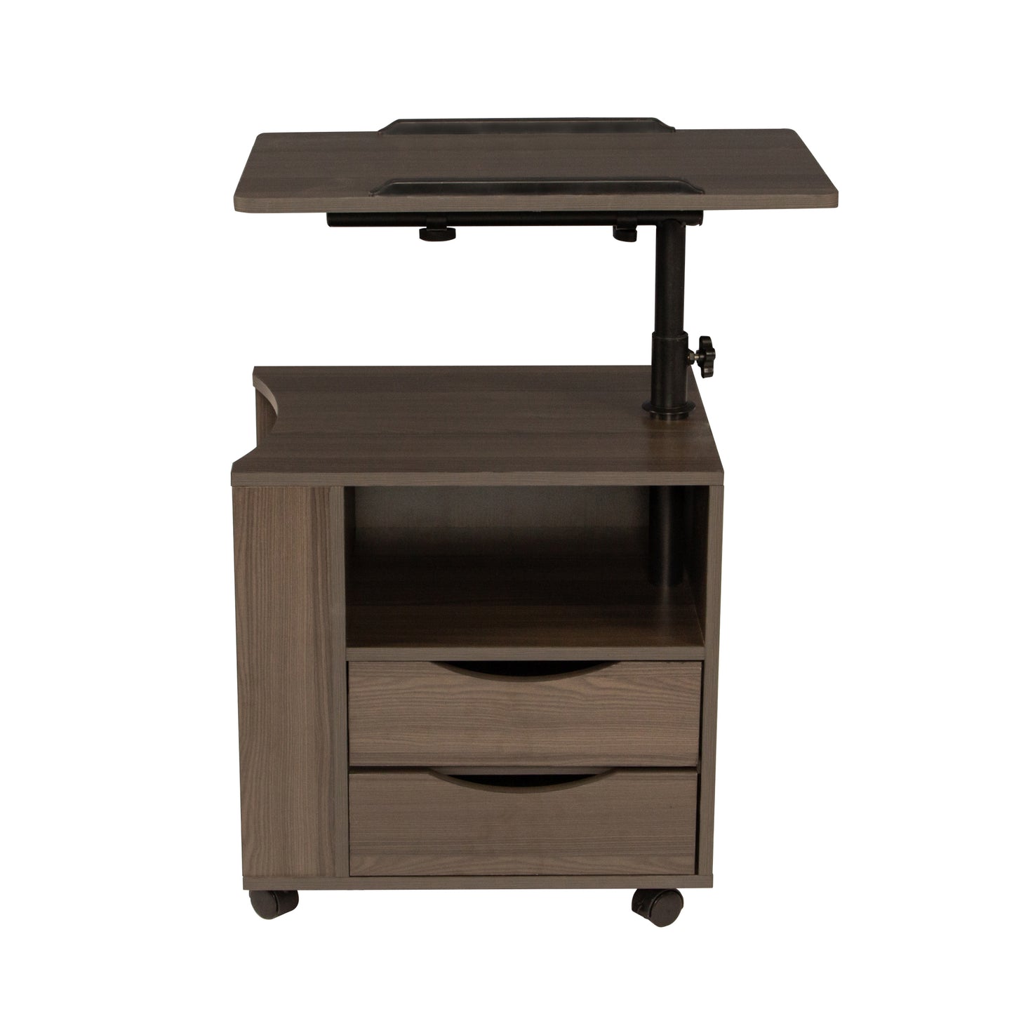 Brown Oak Height Adjustable End Table Nightstand with Swivel Top and Wheels