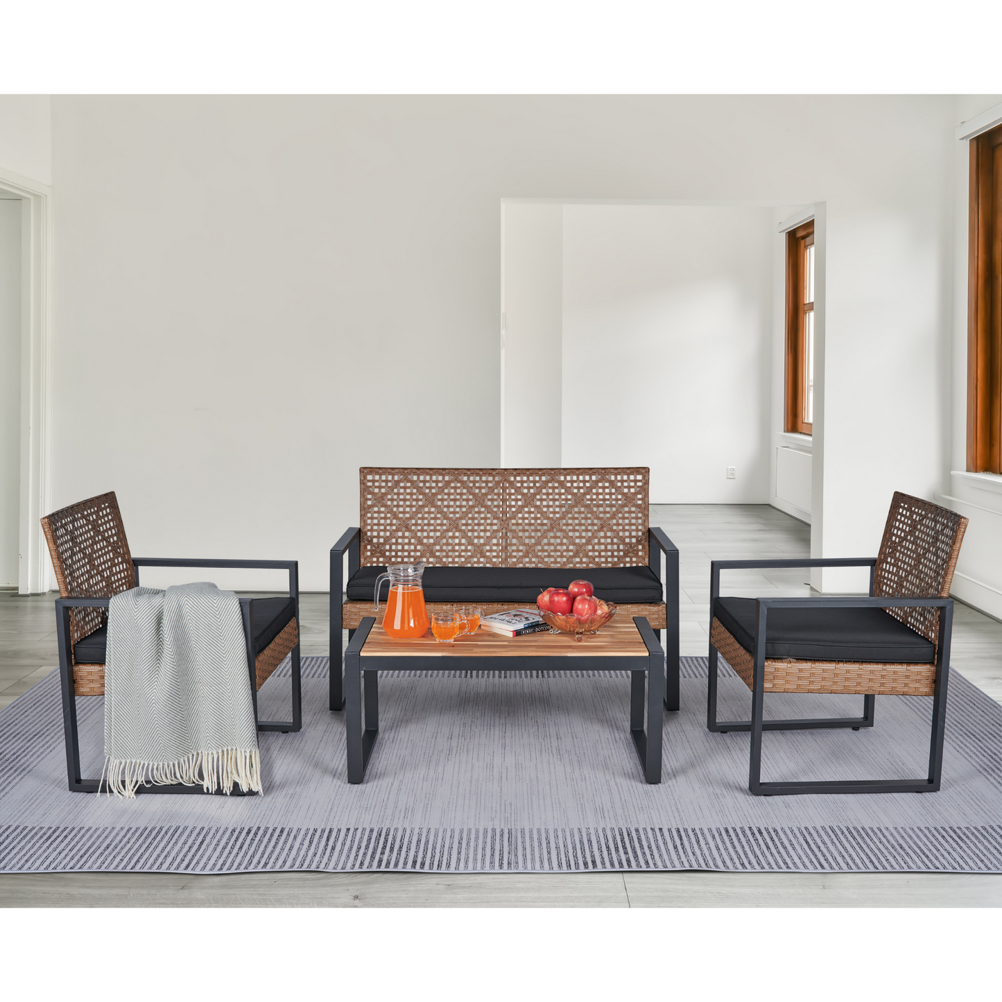 4-Piece Acacia Wood Table Top Outdoor Patio Set, Black and Light Brown