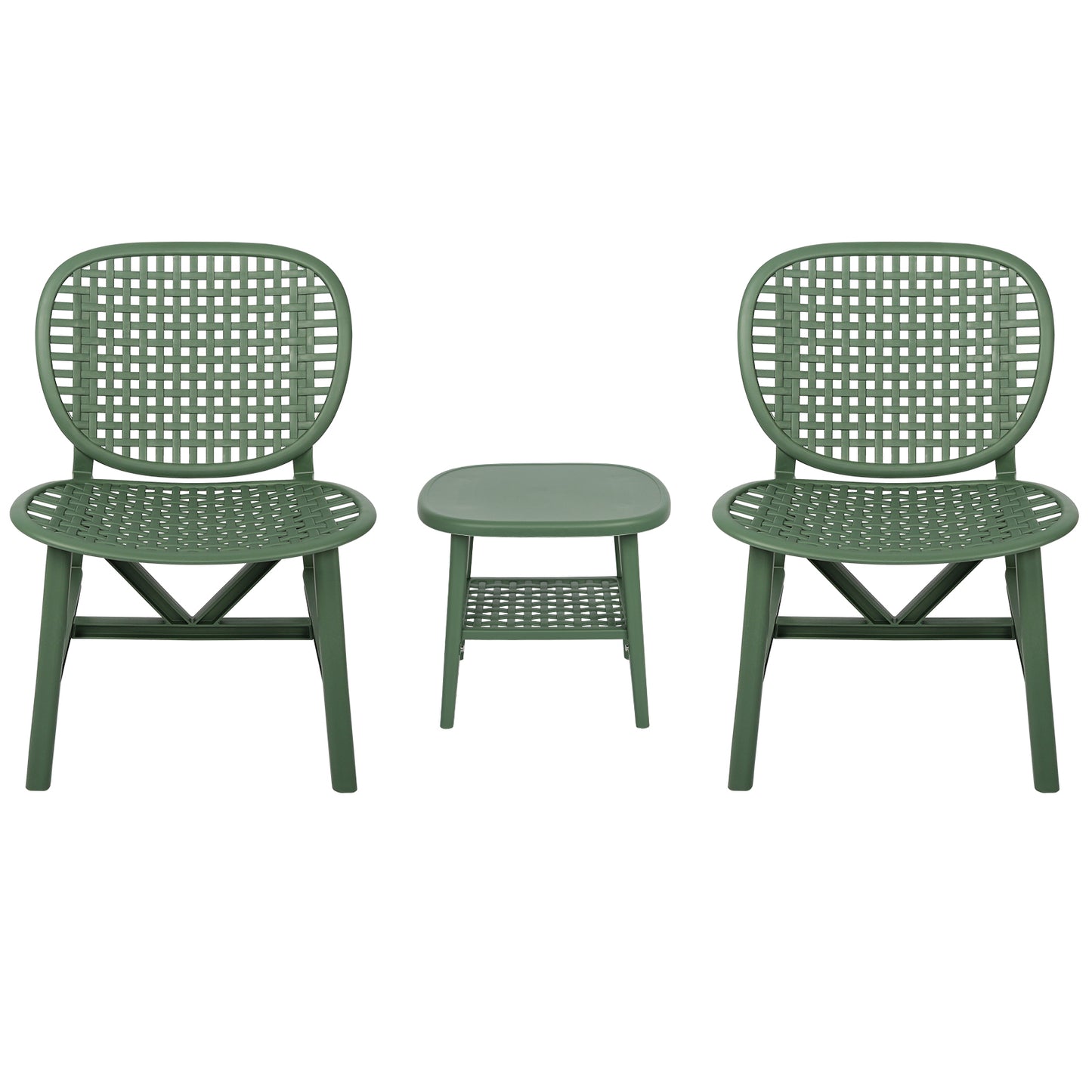 3 Pieces Hollow Design Retro Patio Table Chair Set All Weather Conversation Bistro Set Outdoor Table with Open Shelf and Lounge Chairs with Widened Seat for Balcony Garden Yard Green