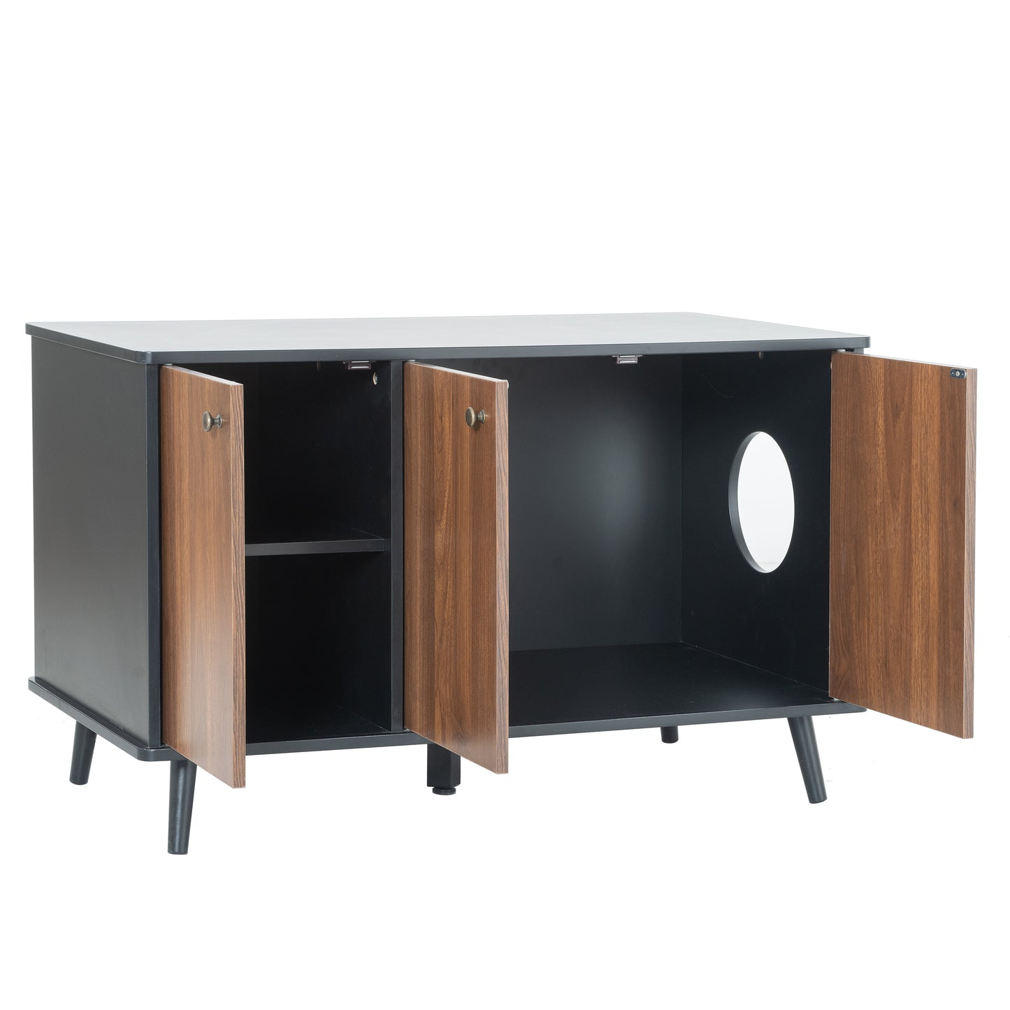 Cat Litter Box Furniture with Hidden Plug, 3 Doors, Walnut and Black