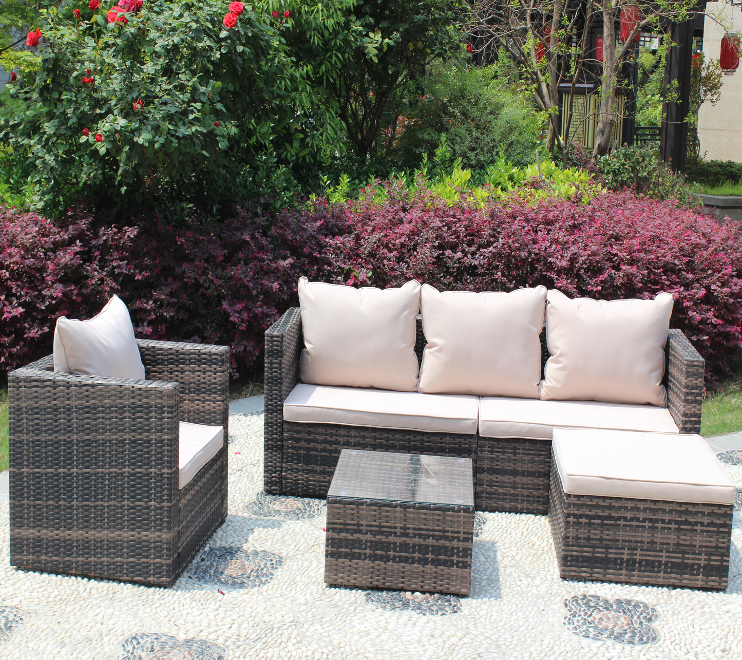 Rattan Patio Furniture 4-Piece Set with Sectional Sofa
