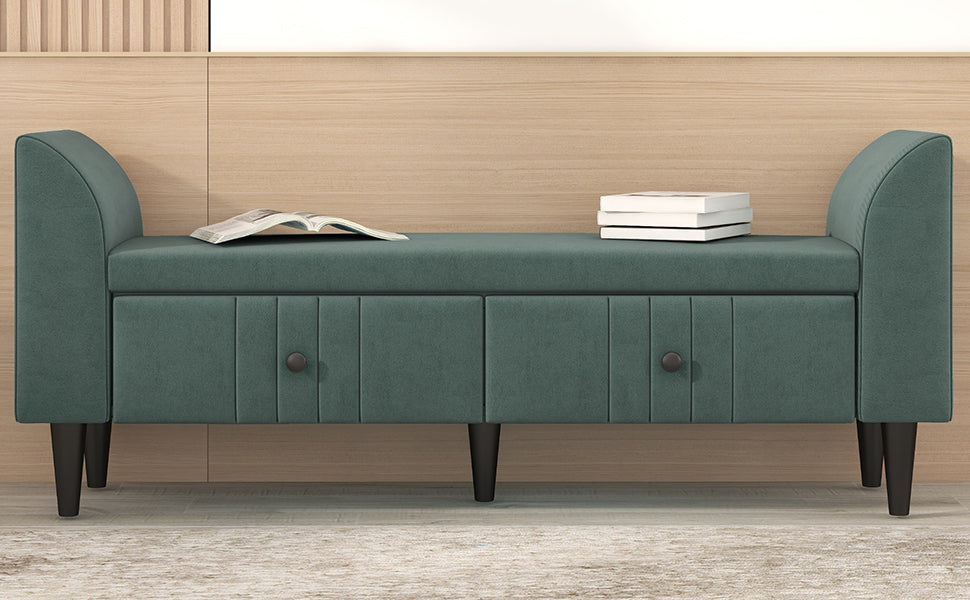Green Upholstered Storage Ottoman Bench with Drawers