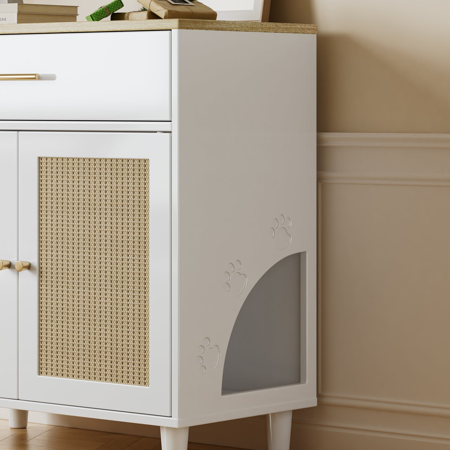 Cat Litter Box Enclosure, White with Scratch Pad Doors