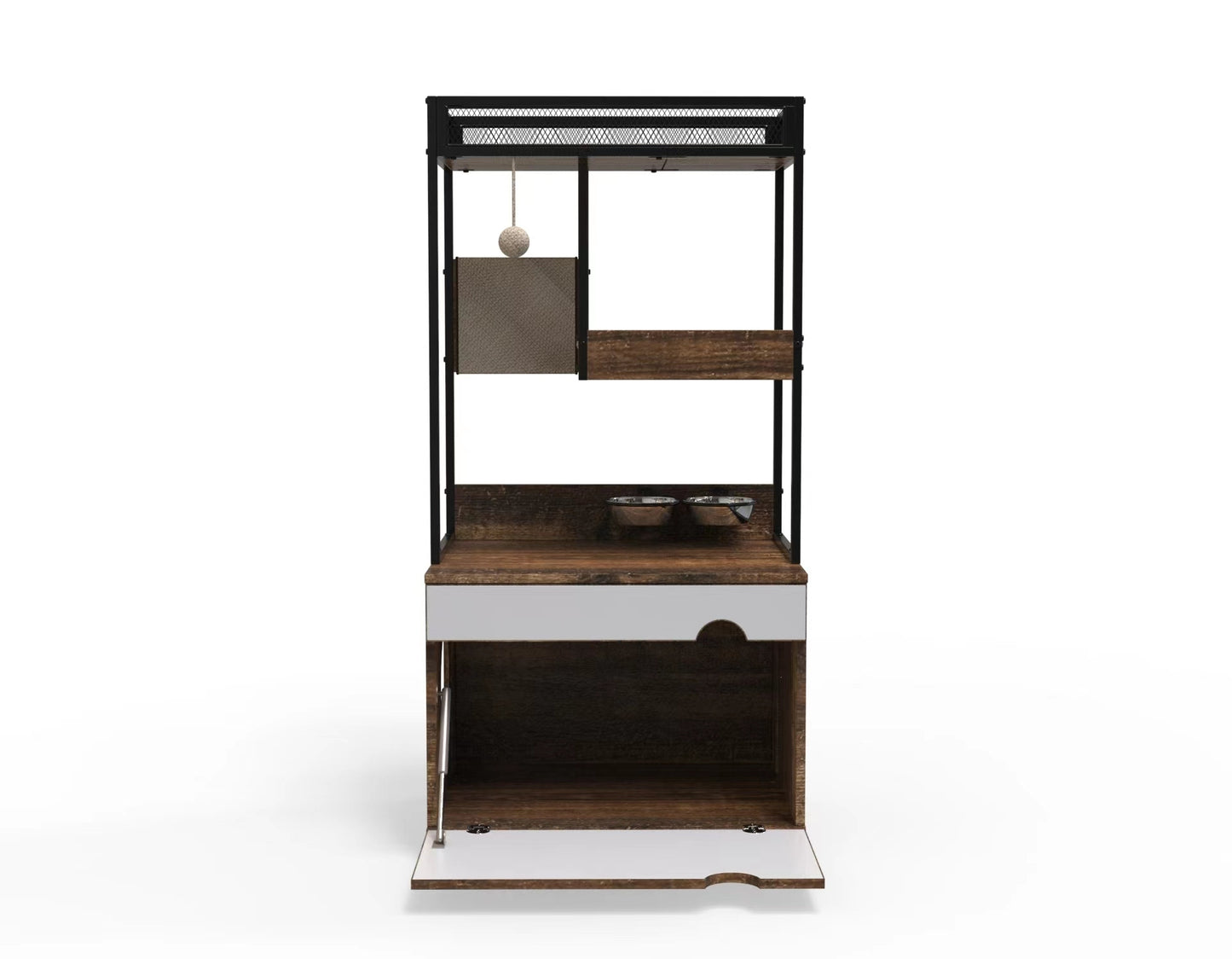 Cat Litter Box Enclosure with Cat Tree Tower, White + Walnut