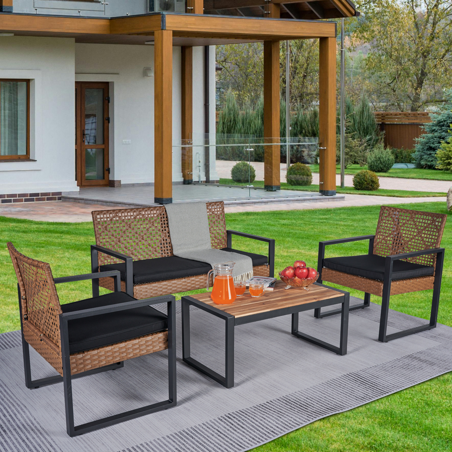 4-Piece Acacia Wood Table Top Outdoor Patio Set, Black and Light Brown