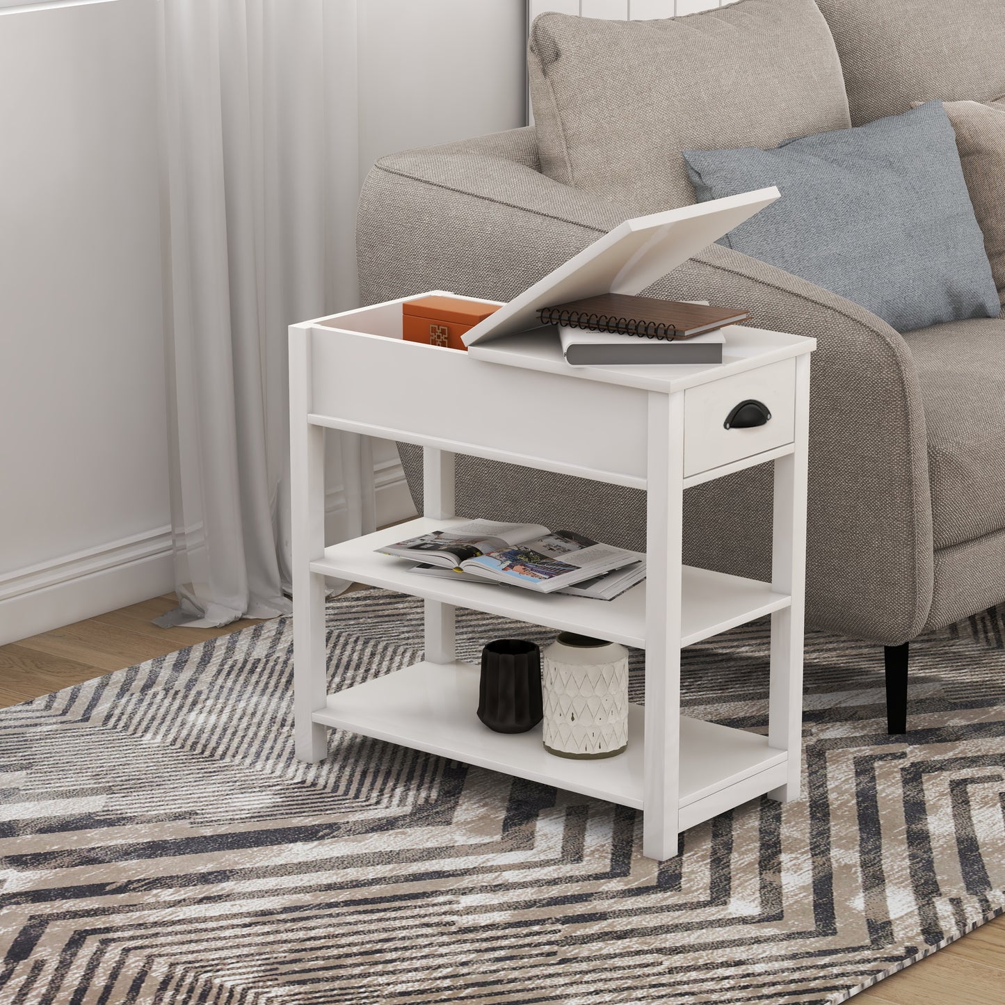 Narrow Side Table with Drawers and Flip-up Design, White