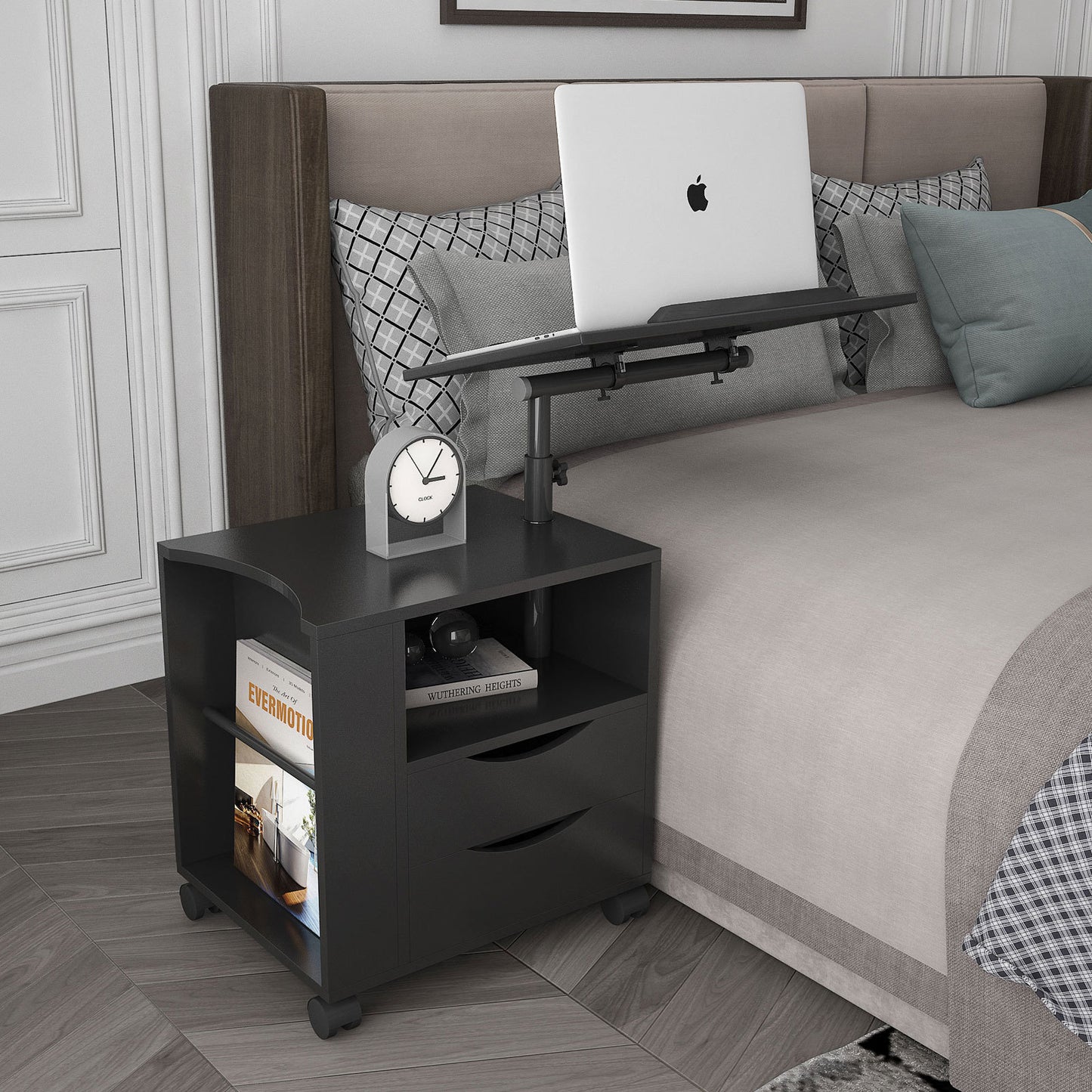 Black Height Adjustable End Table Nightstand with Swivel Top and Wheels