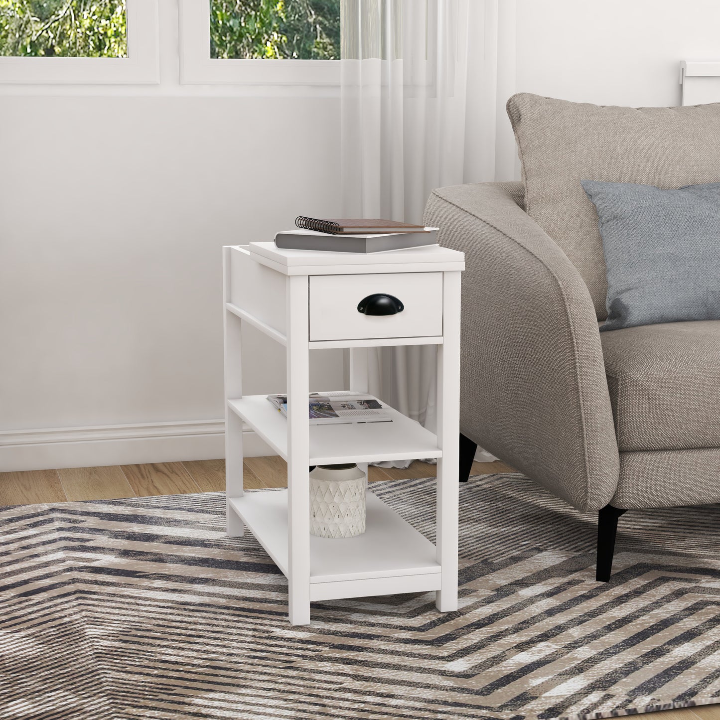 Narrow Side Table with Drawers and Flip-up Design, White