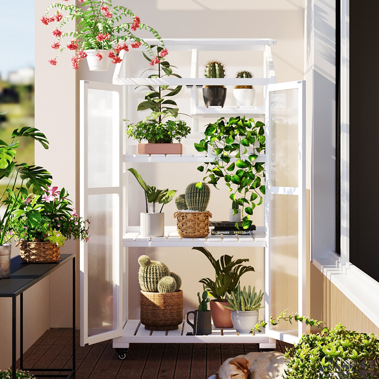 Small Greenhouse on Wheels with Adjustable Shelves for Outdoor or Indoor Use, 62inches tall, White