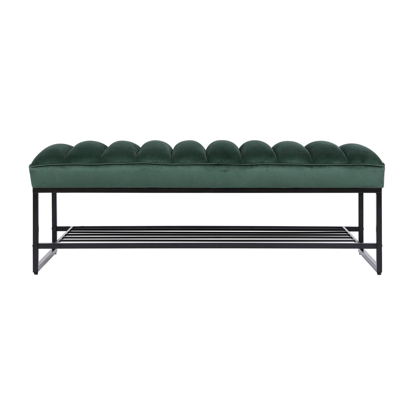 Green Velvet Channel Tufted Ottoman Bench with Storage Shelf
