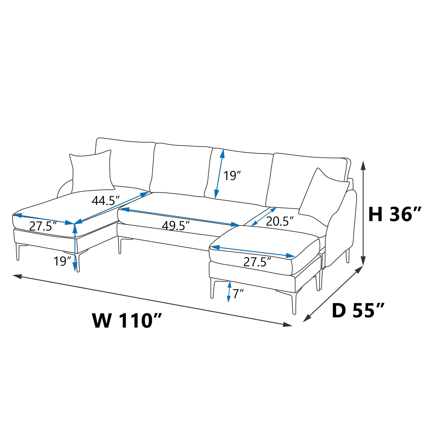 Blue Reversible Chaise Sectional Sofa