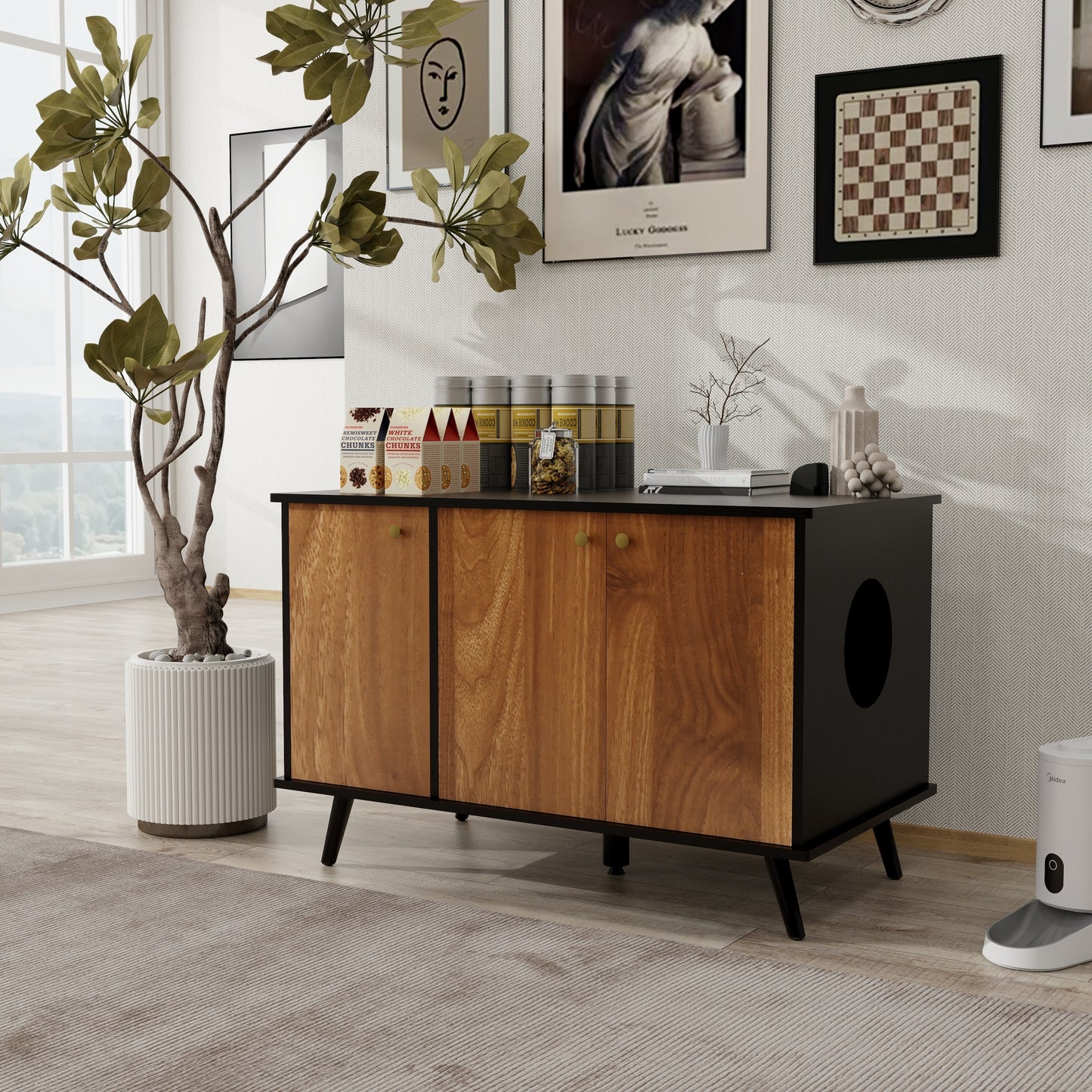Cat Litter Box Furniture with Hidden Plug, 3 Doors, Walnut and Black
