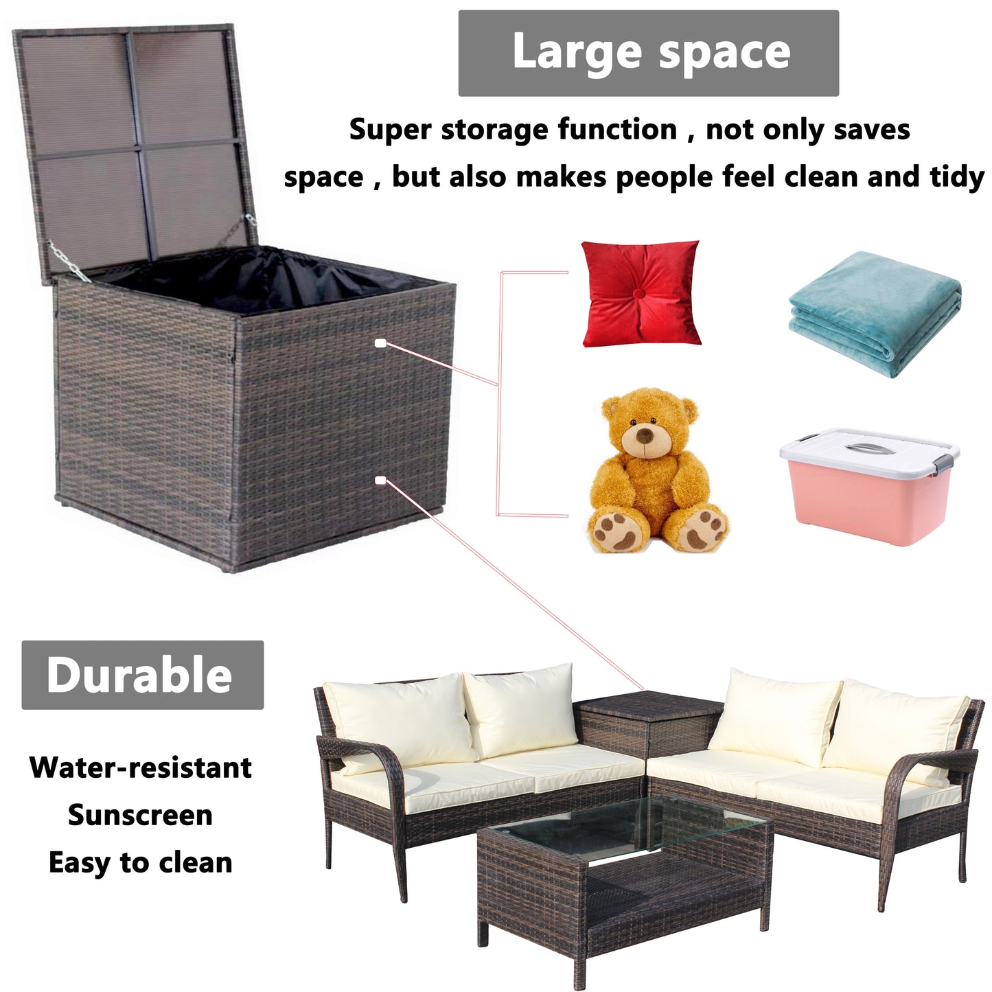 4 Piece Patio Sectional Outdoor Furniture Sofa Set with Storage Box