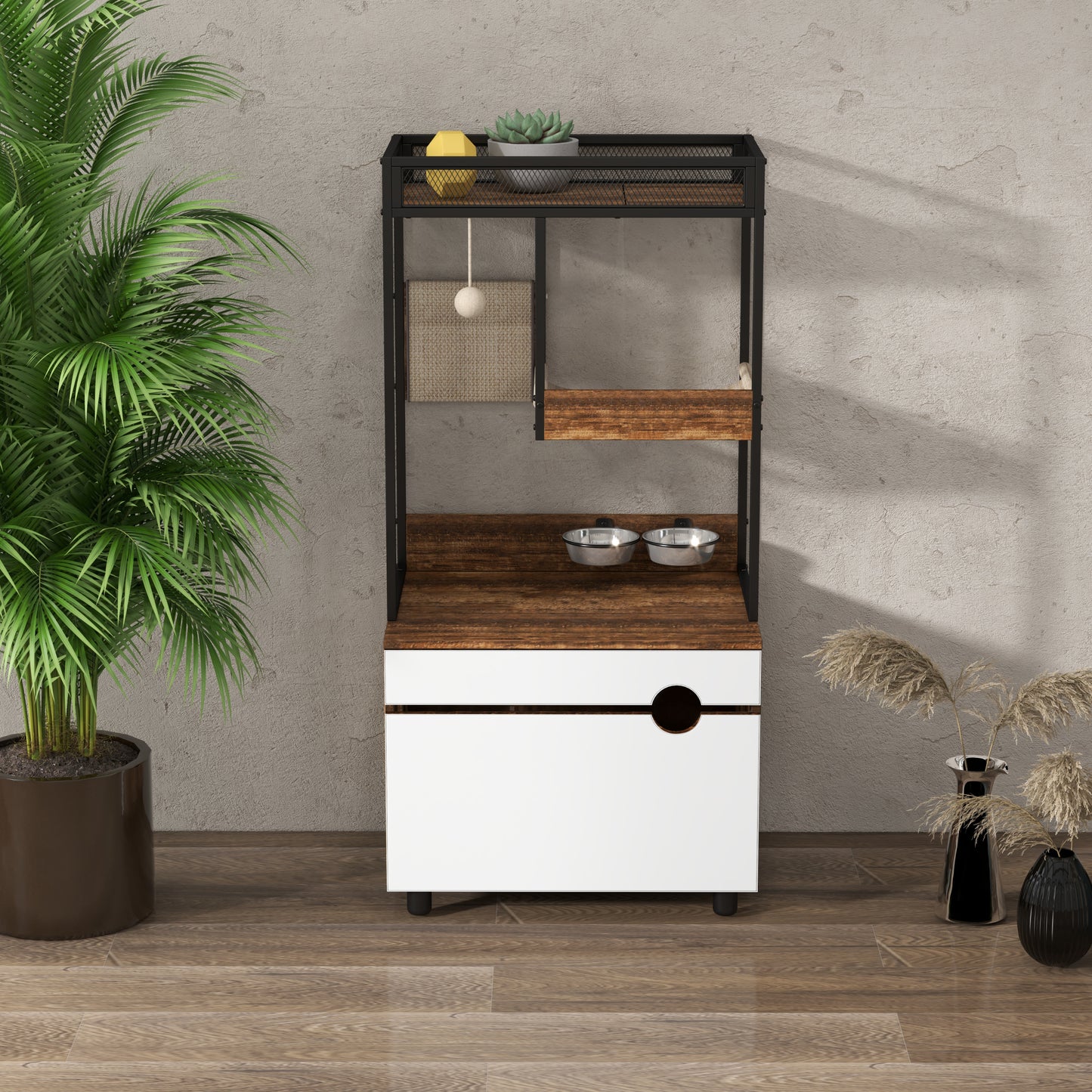 Cat Litter Box Enclosure with Cat Tree Tower, White + Walnut
