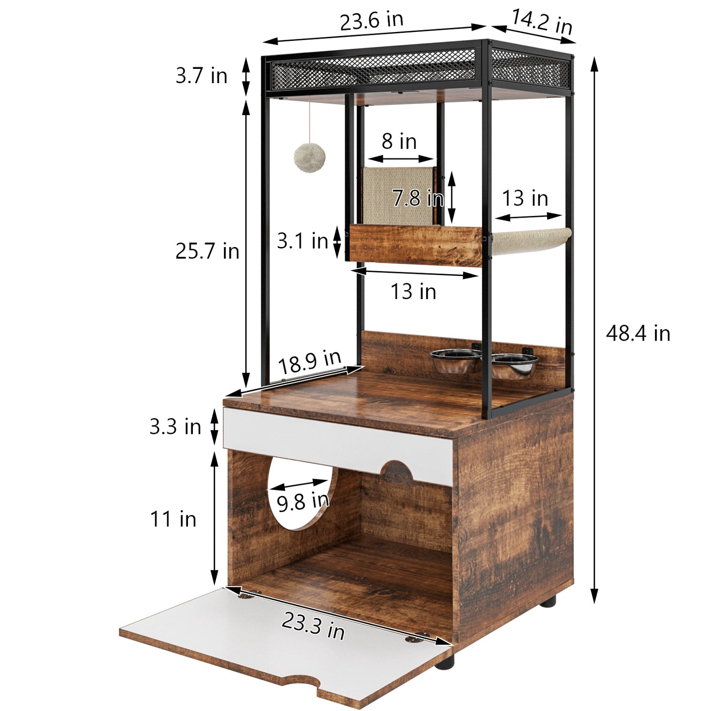 Cat Litter Box Enclosure with Cat Tree Tower, White + Walnut