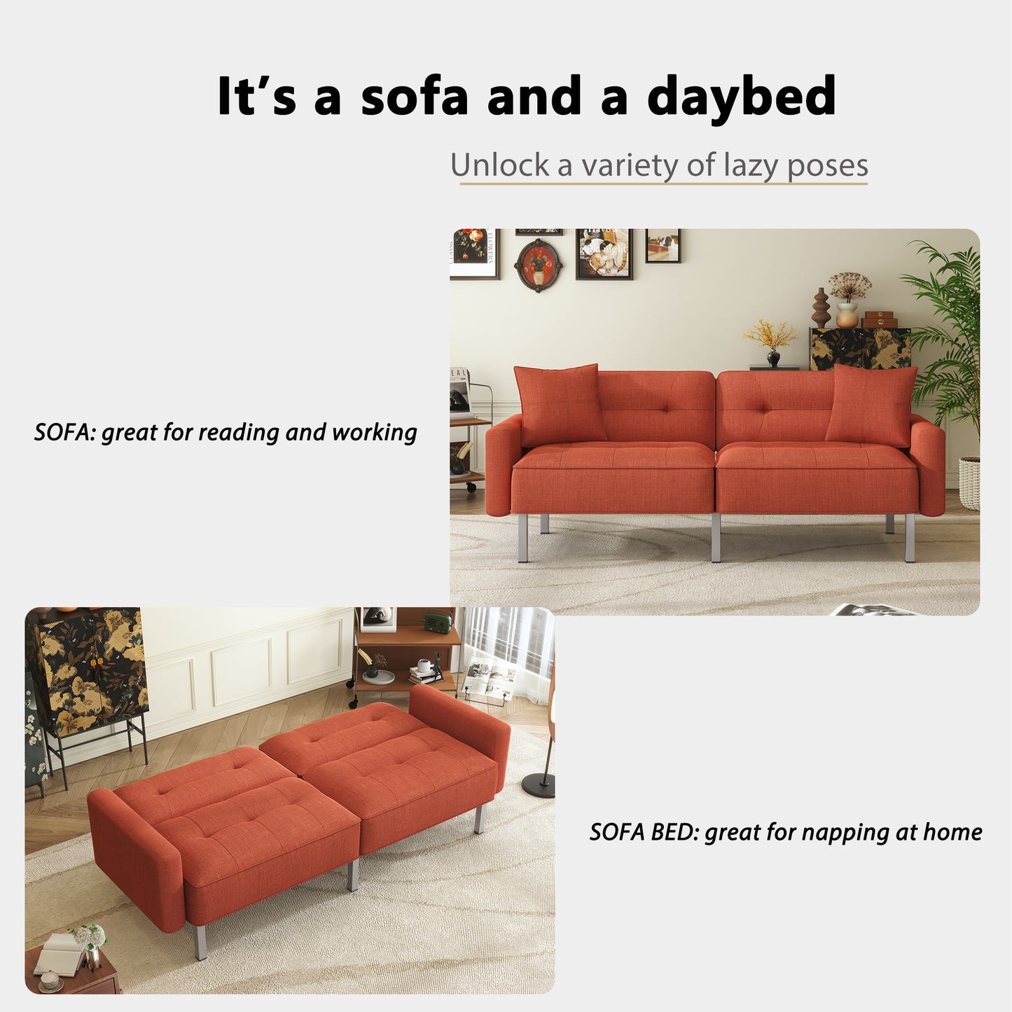 Linen Convertible Sofa Bed, Rust
