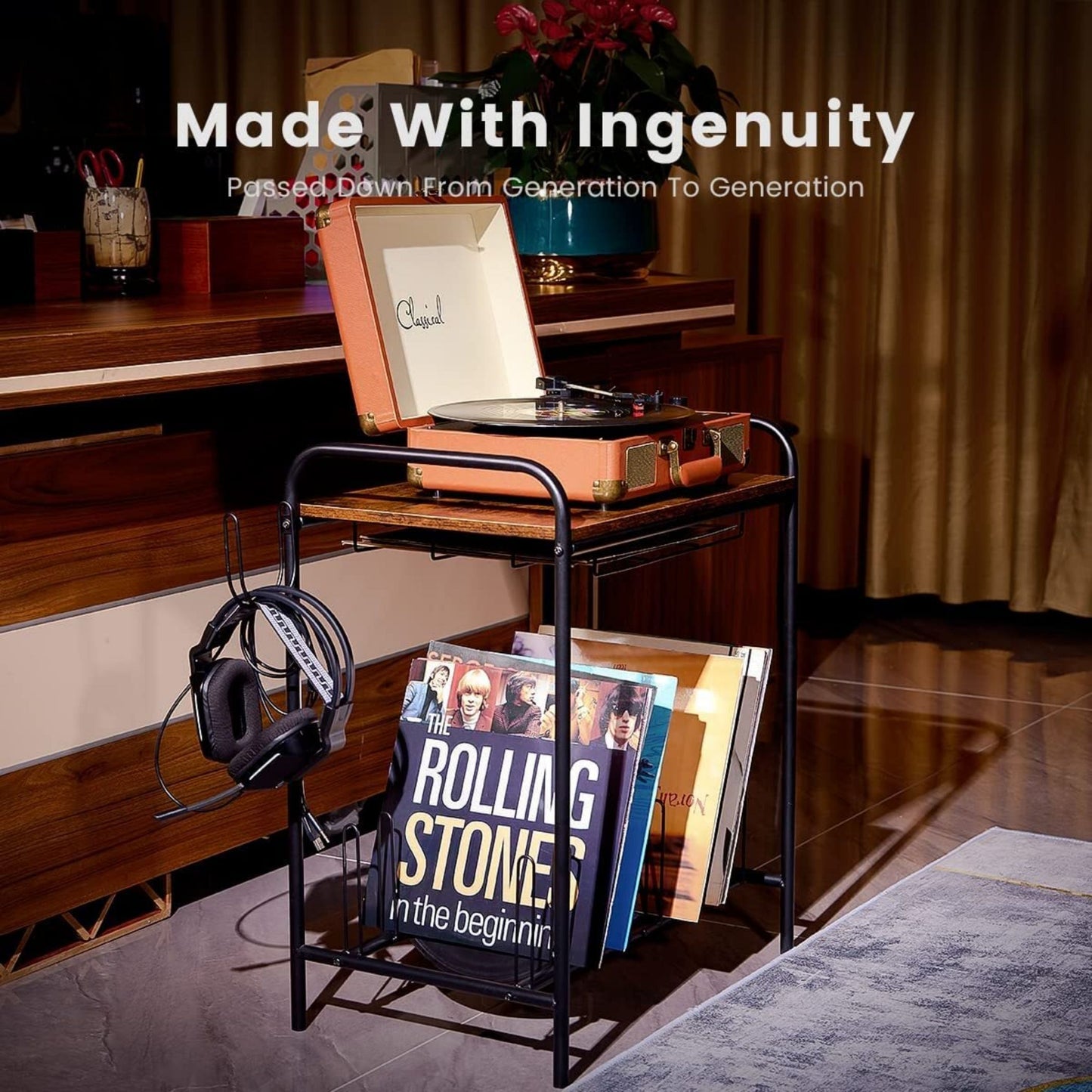 Industrial Record Player Stand with Record Storage