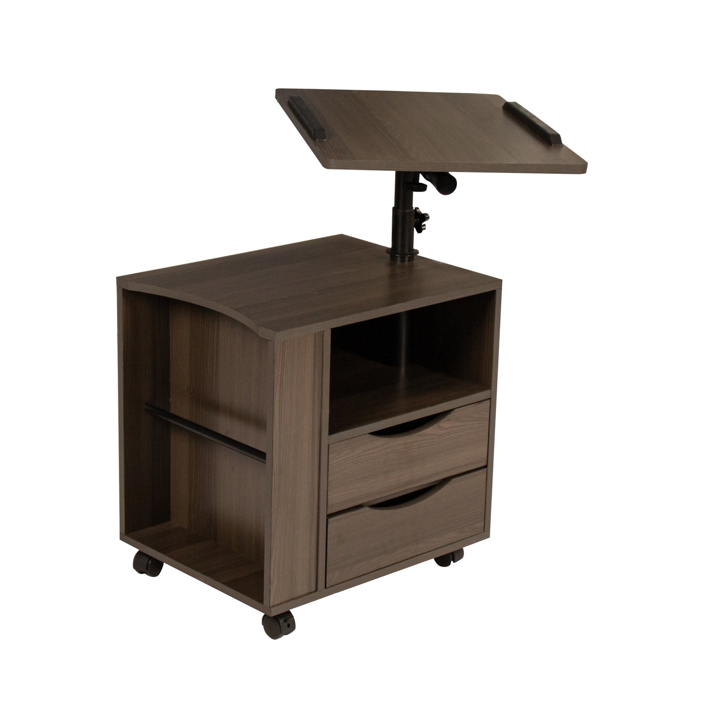 Brown Oak Height Adjustable End Table Nightstand with Swivel Top and Wheels