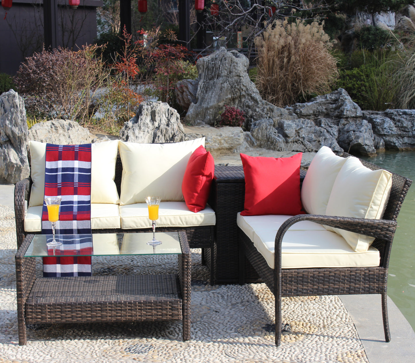 4 Piece Patio Sectional Outdoor Furniture Sofa Set with Storage Box