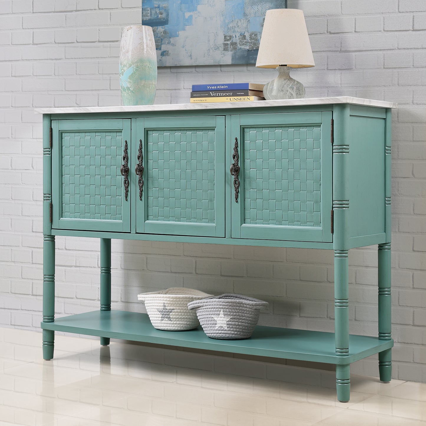 Green Console Table with Marble-Look Top for Any Room