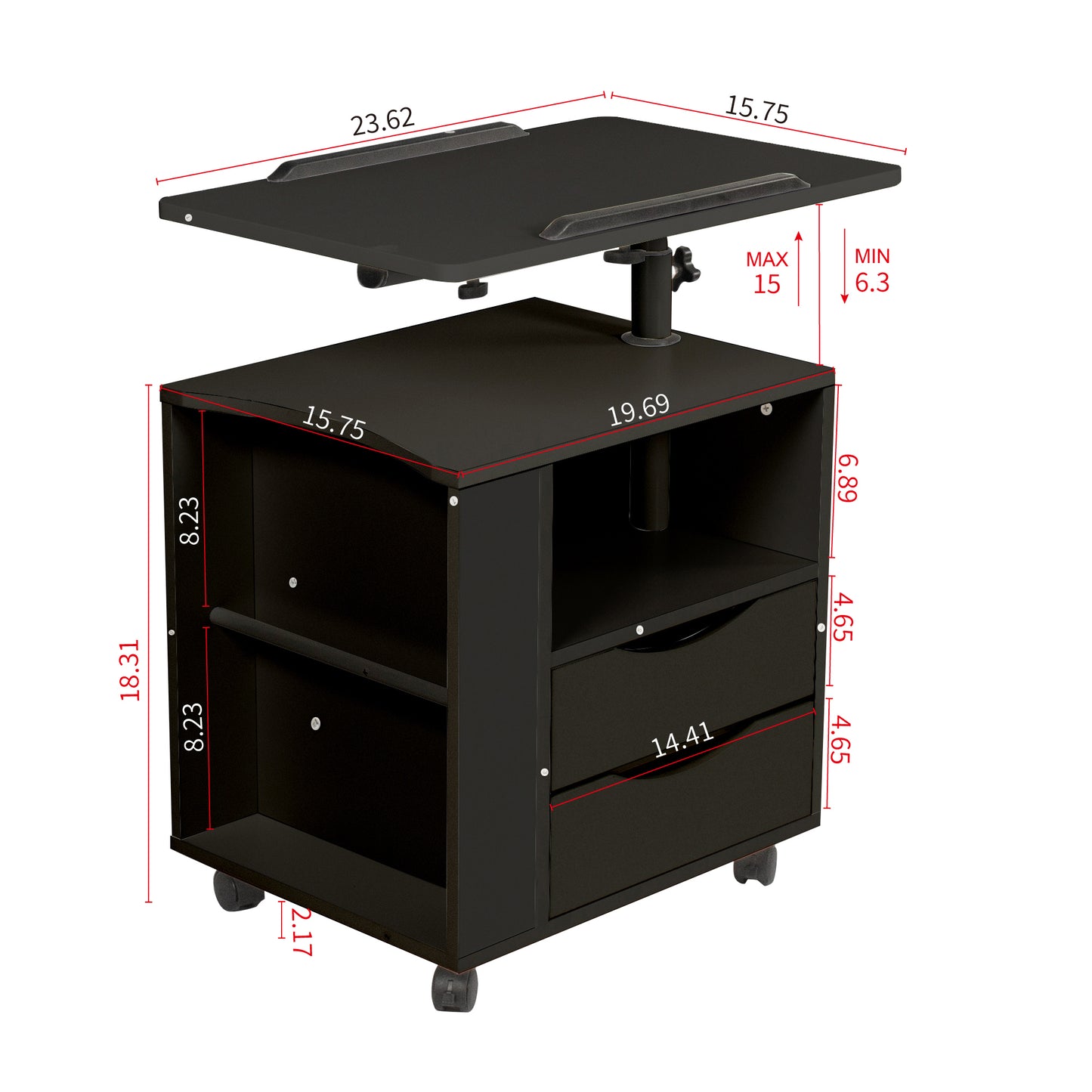 Black Height Adjustable End Table Nightstand with Swivel Top and Wheels