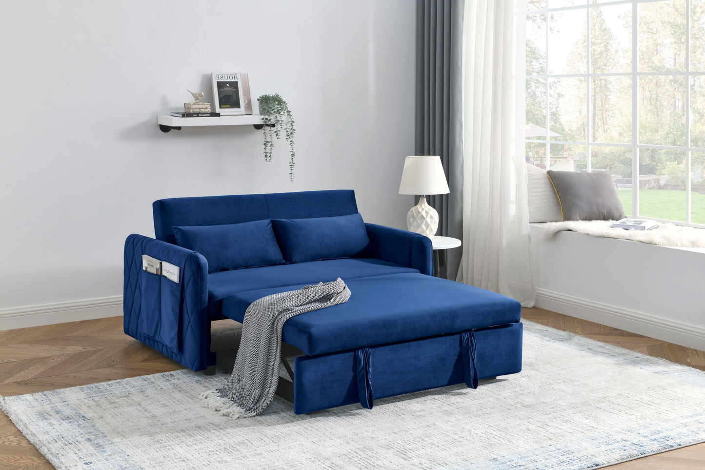 Tufted Blue Modern Convertible Sofa Bed with Detachable Arm Pockets