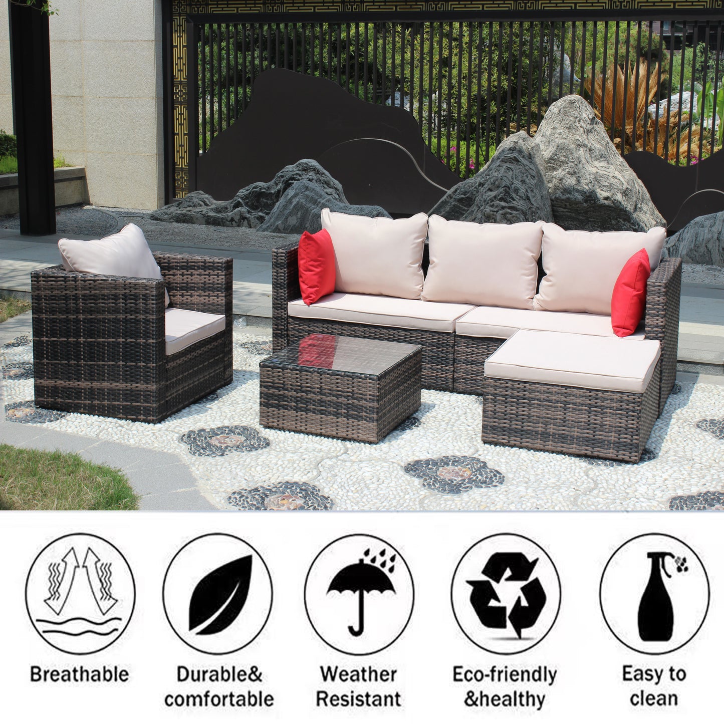 Rattan Patio Furniture 4-Piece Set with Sectional Sofa