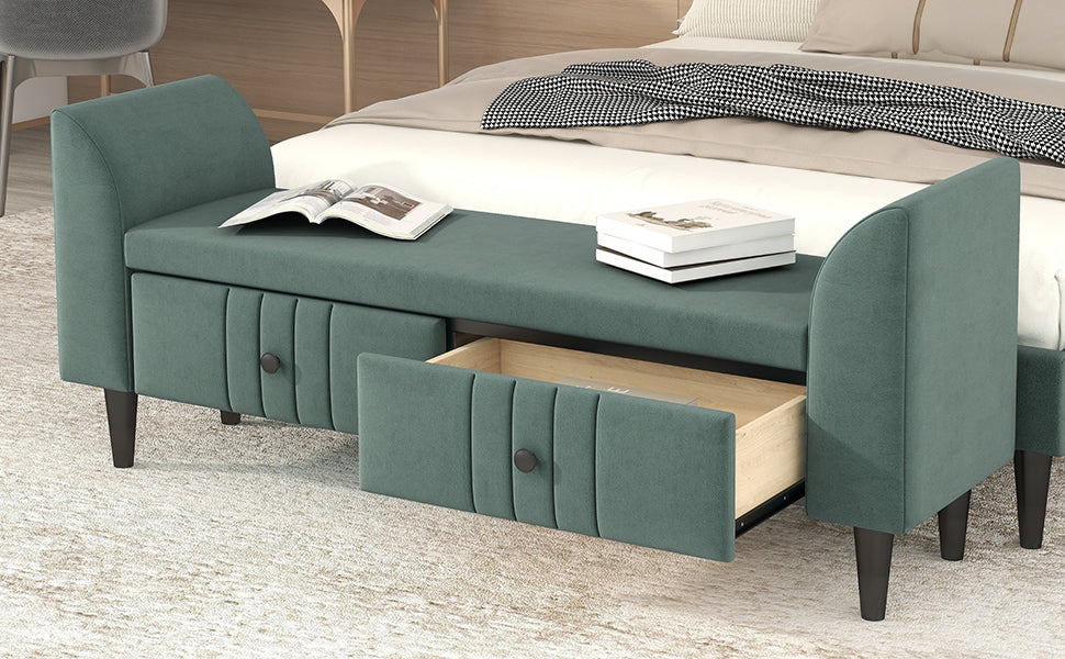 Green Upholstered Storage Ottoman Bench with Drawers