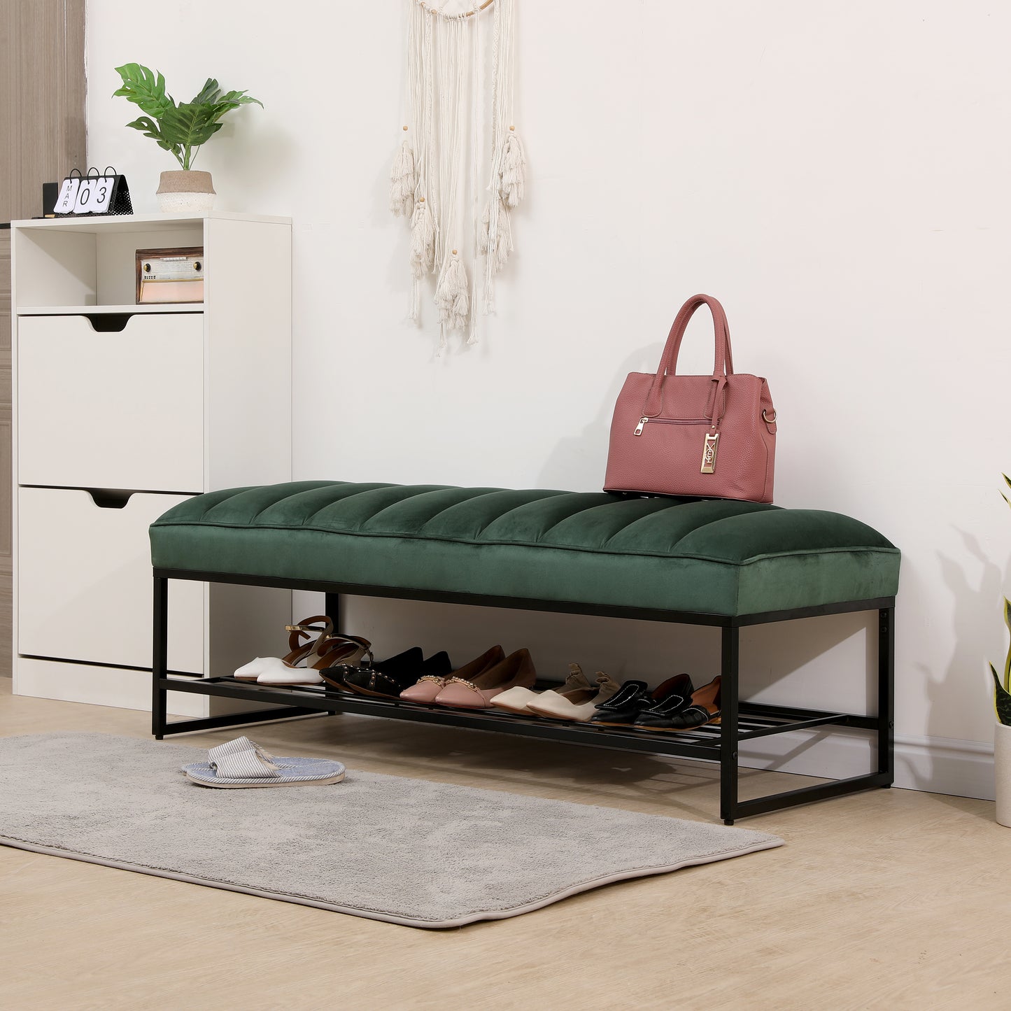 Green Velvet Channel Tufted Ottoman Bench with Storage Shelf