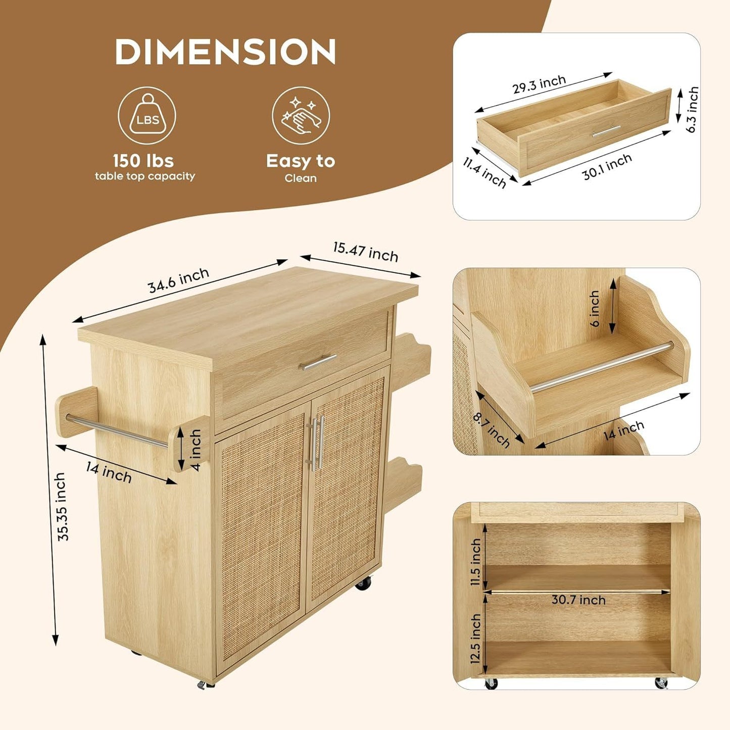 Rolling Contemporary Kitchen Island Cart on Wheels with Spice Racks, Natural