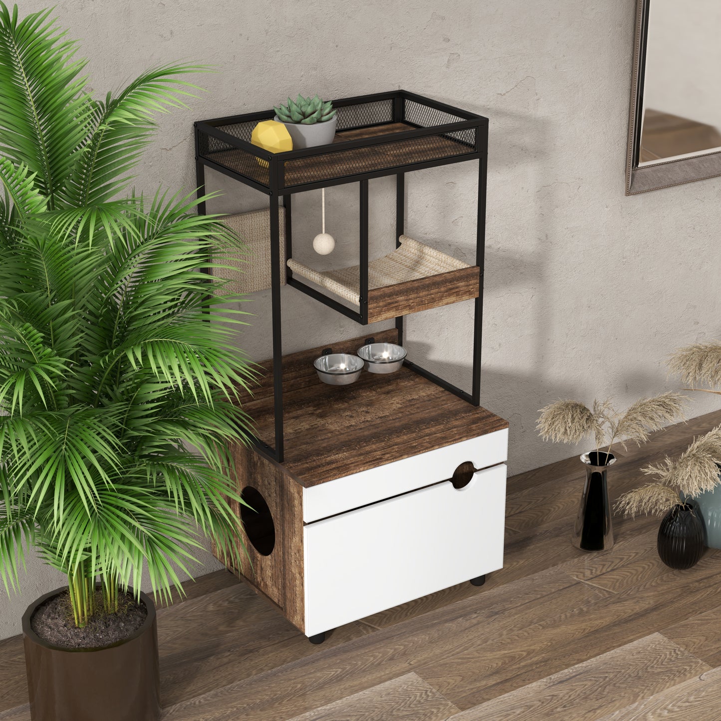Cat Litter Box Enclosure with Cat Tree Tower, White + Walnut