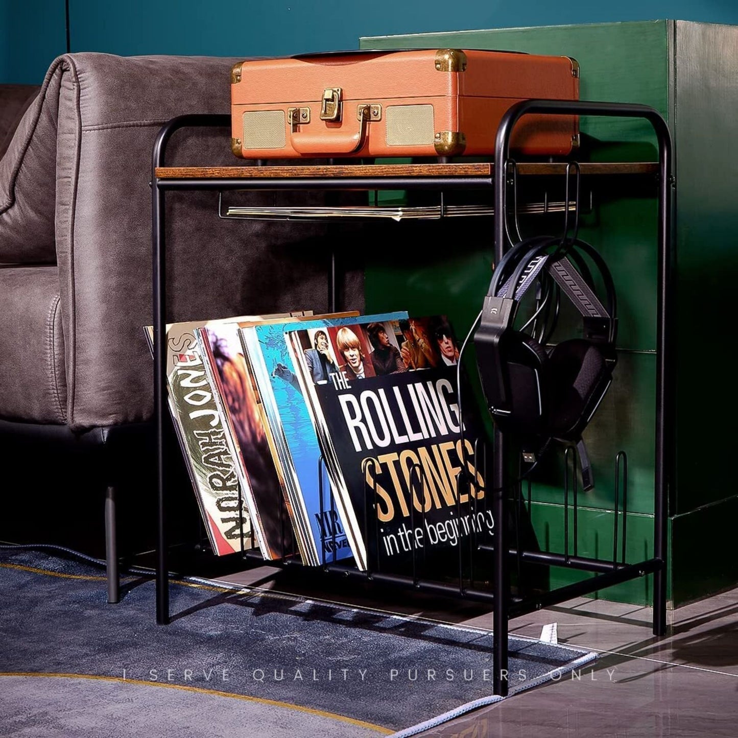 Industrial Record Player Stand with Record Storage