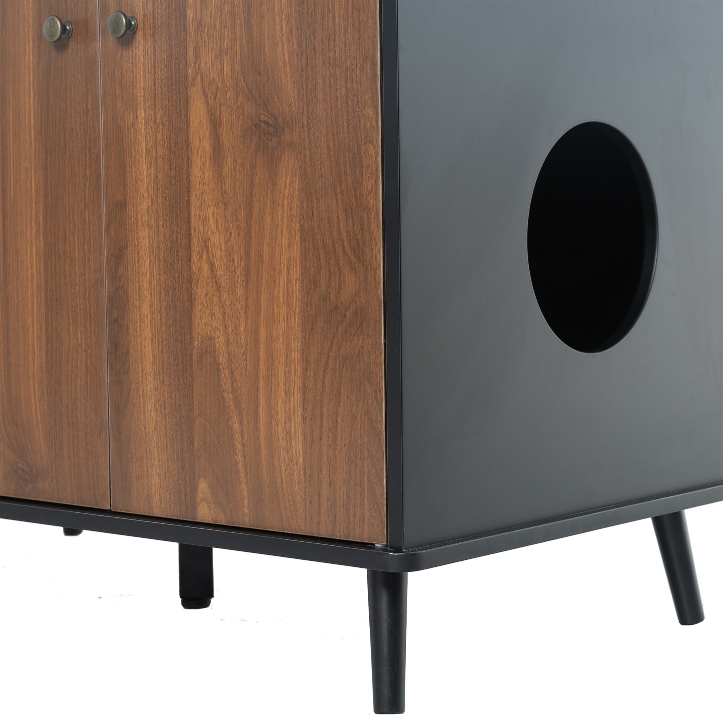 Cat Litter Box Furniture with Hidden Plug, 3 Doors, Walnut and Black