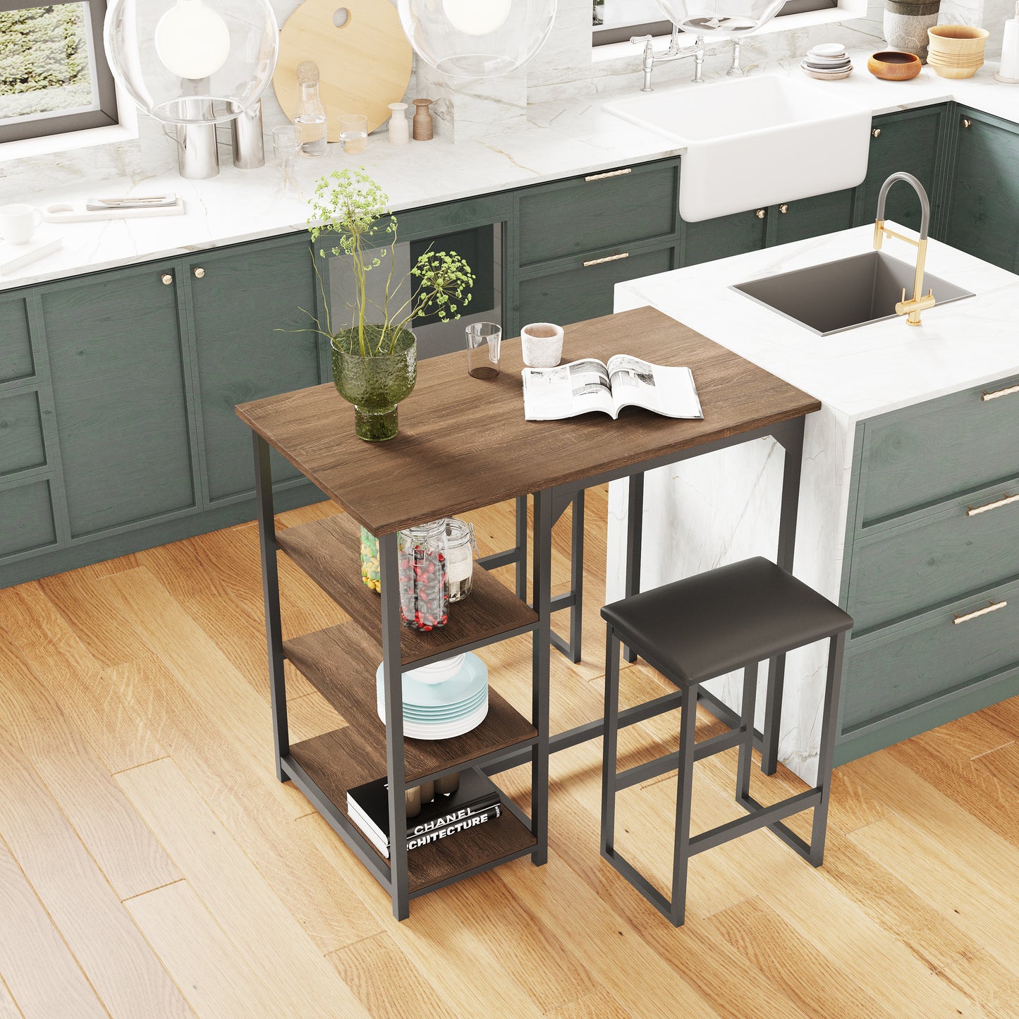 3-Piece Counter-height Table and Stool Set with Shelves