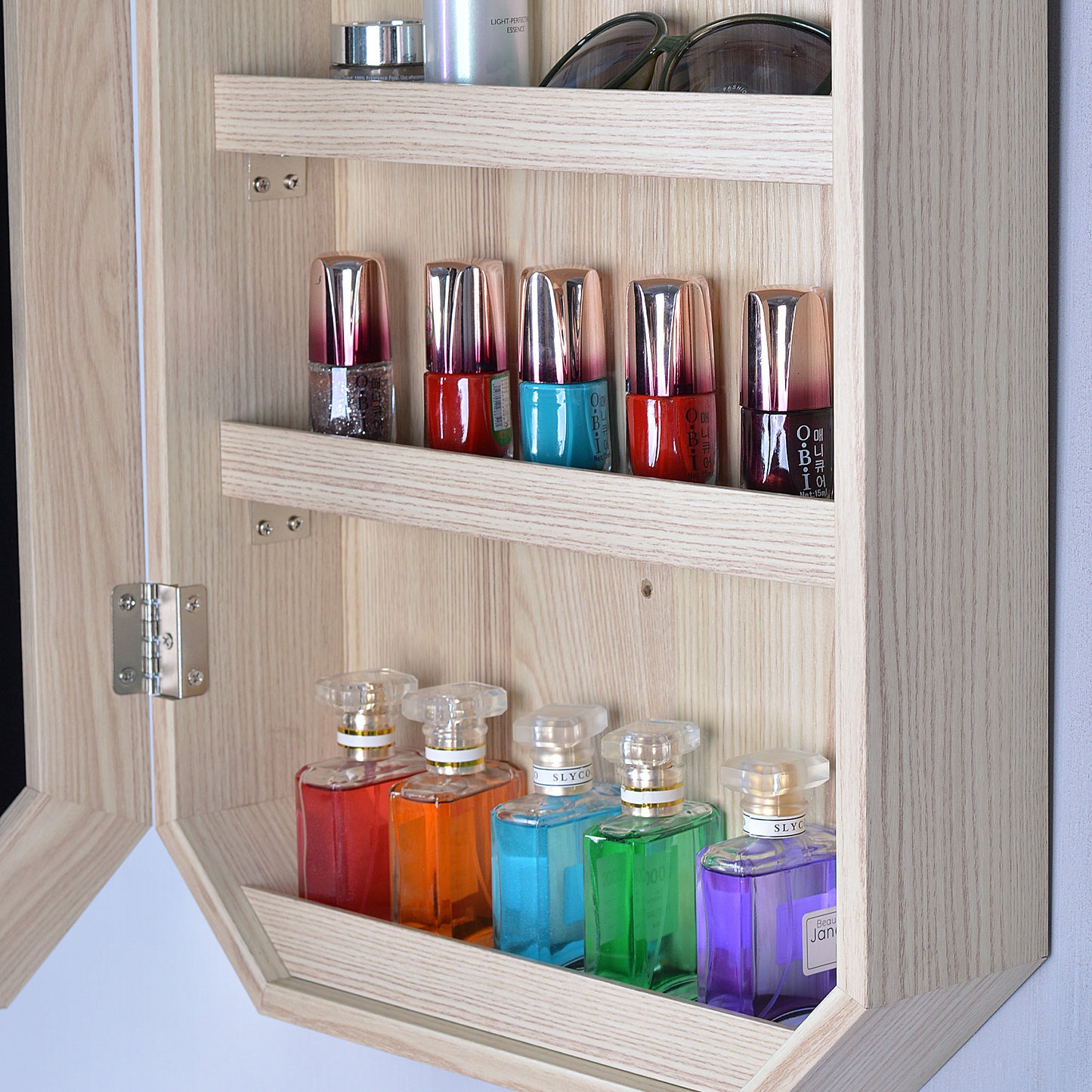 Hanging Mirror with Jewelry Storage Wood Finish