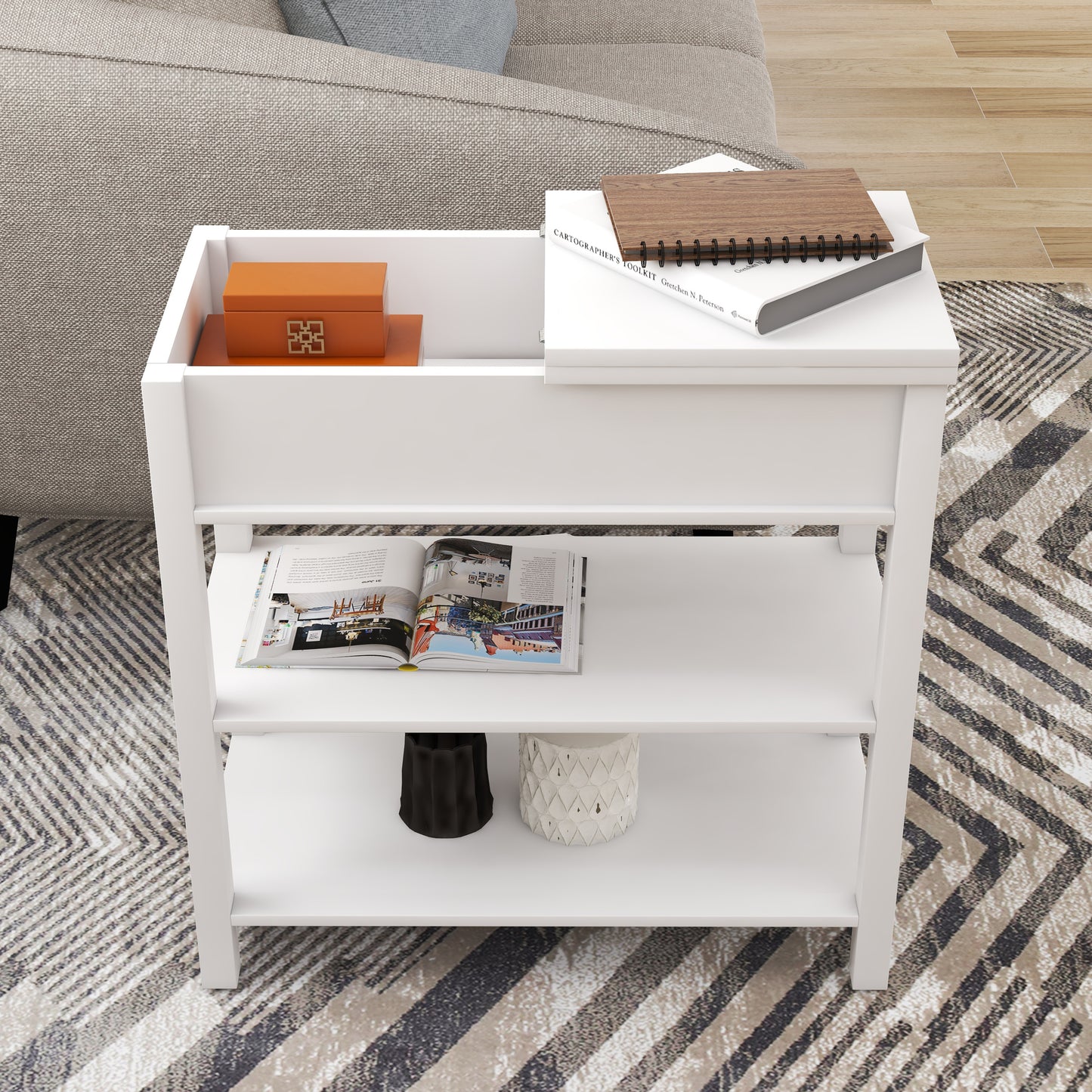 Narrow Side Table with Drawers and Flip-up Design, White