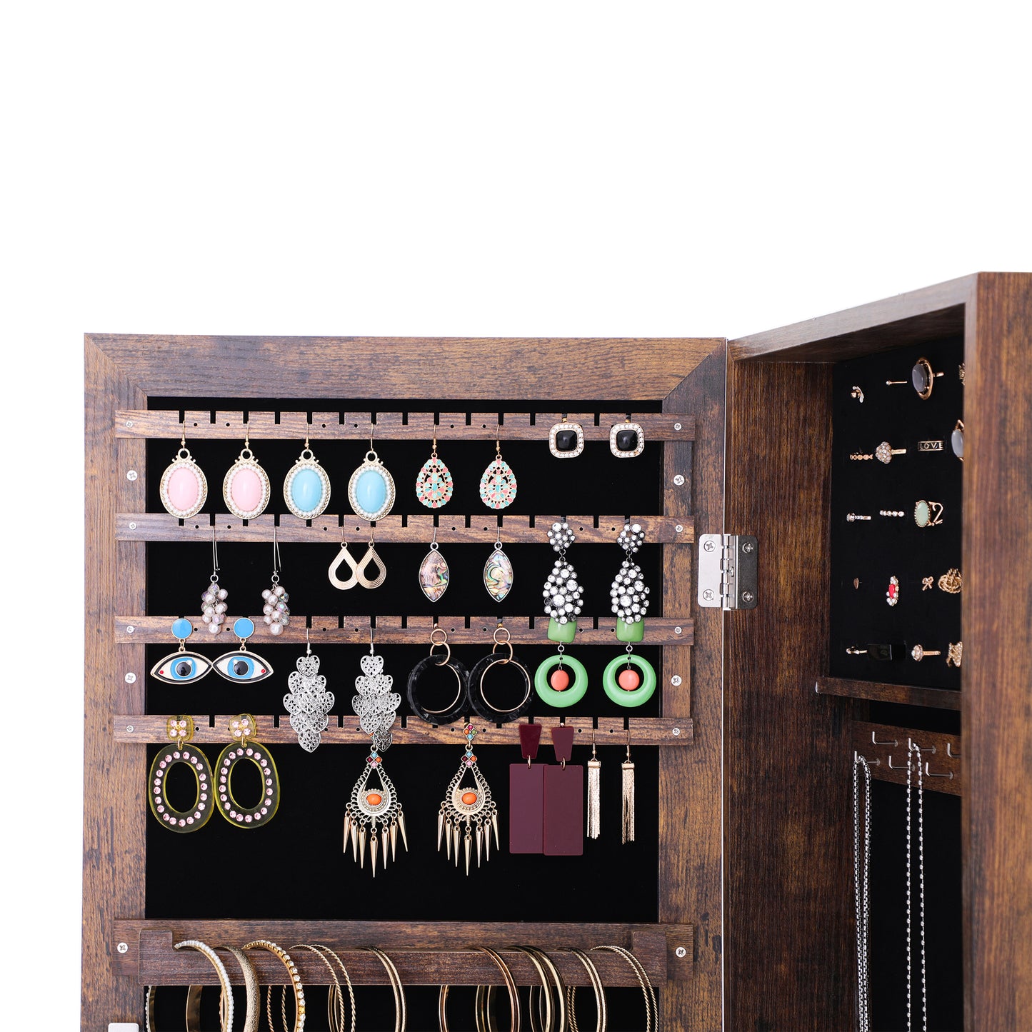Wall or Door Hung Jewelry Storage Mirror Cabinet, Wood Finish