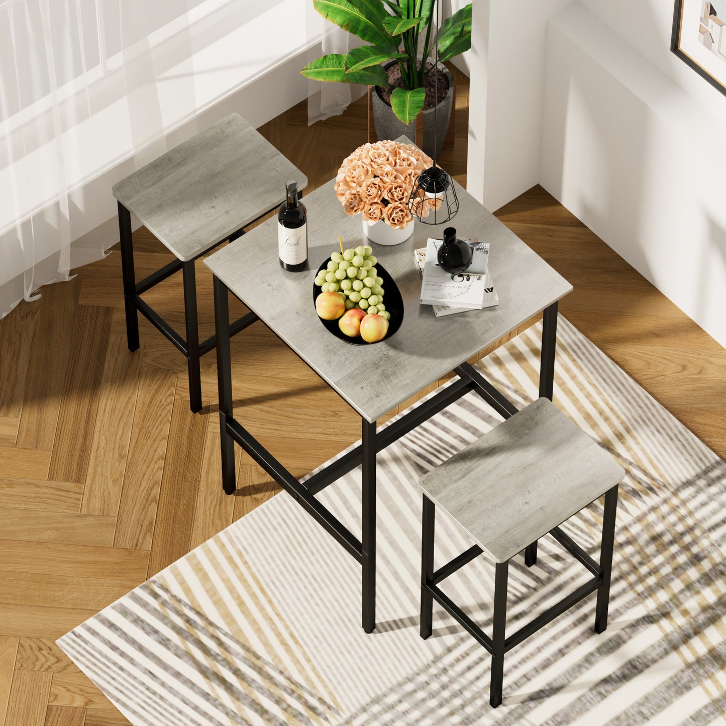 Square Industrial Bar Table Set with 2 Chairs