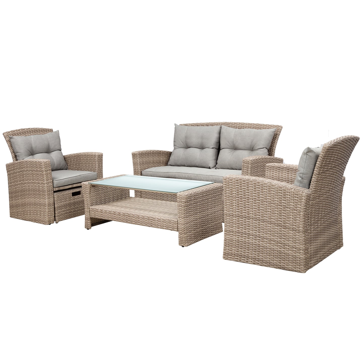 4 Piece Tan Outdoor Wicker Conversation Set with Storage Ottomans