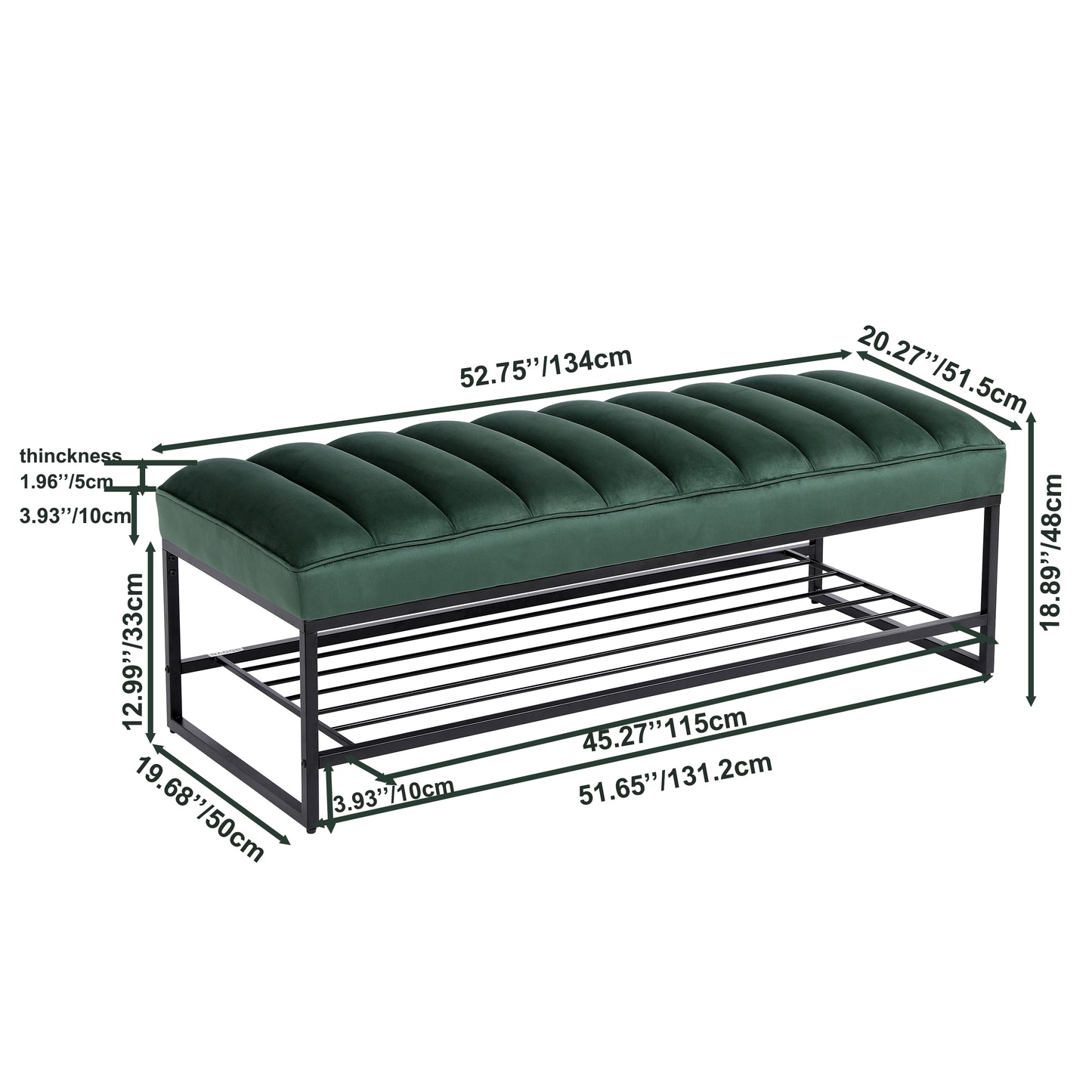 Green Velvet Channel Tufted Ottoman Bench with Storage Shelf