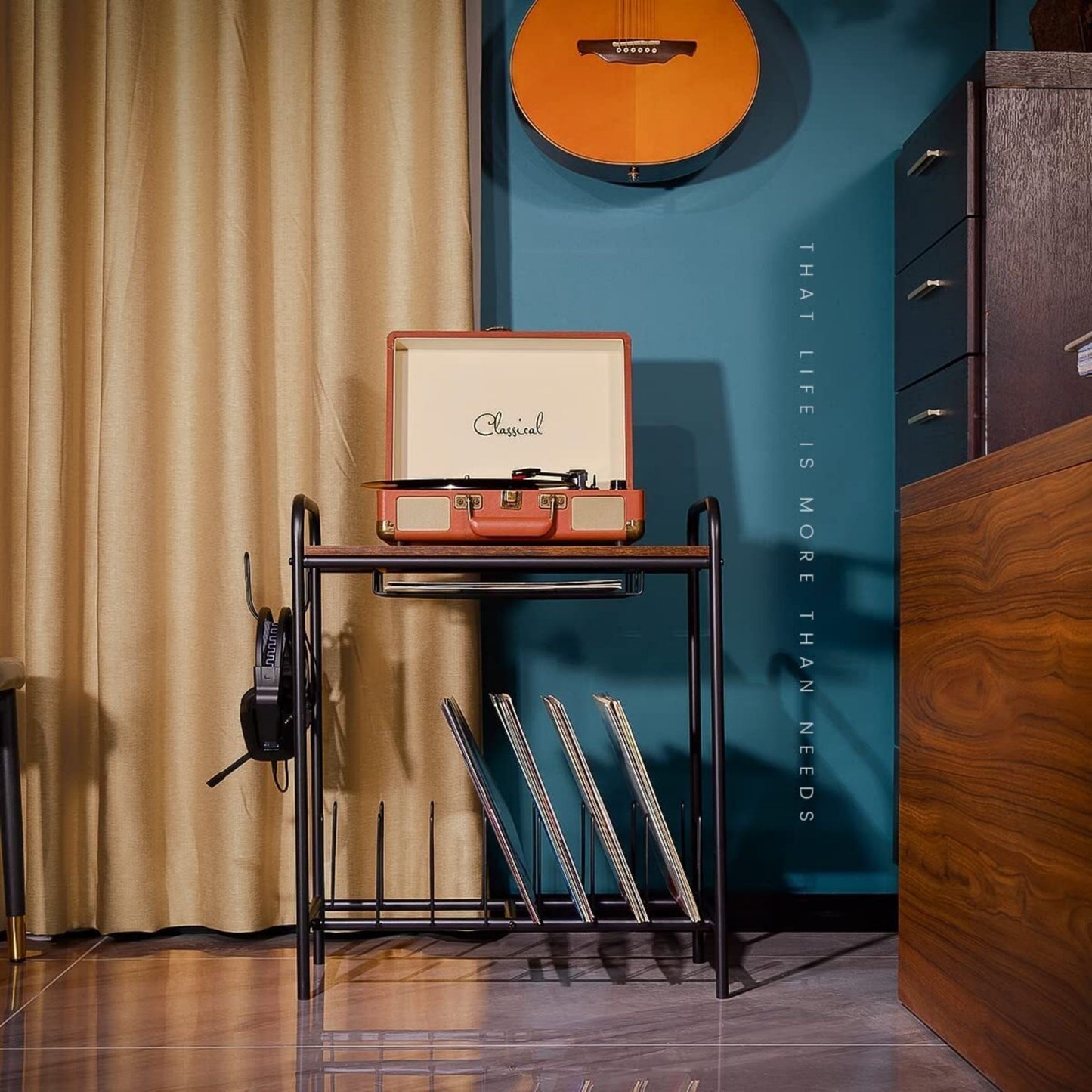 Industrial Record Player Stand with Record Storage