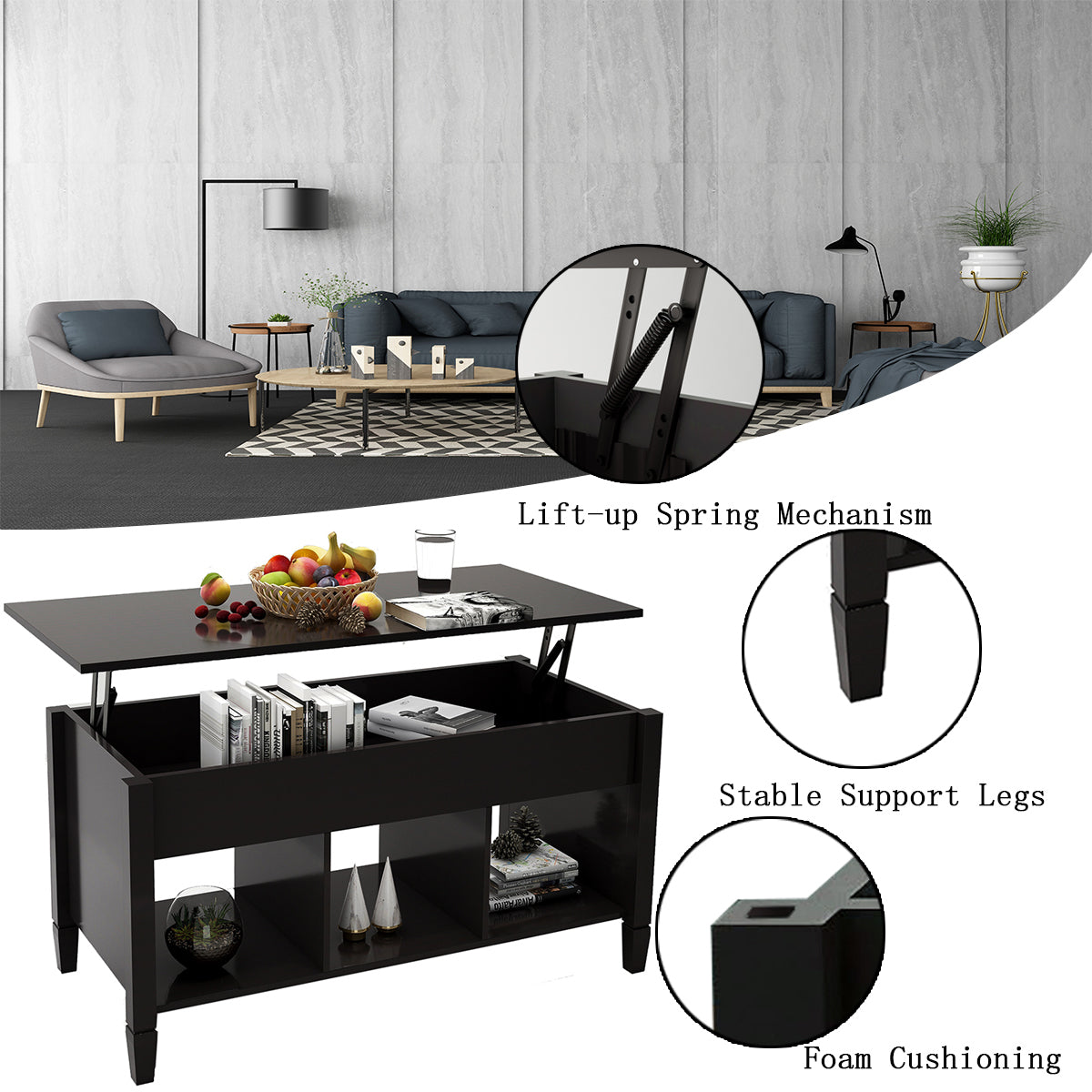 Lift Top Storage Coffee Table-Black