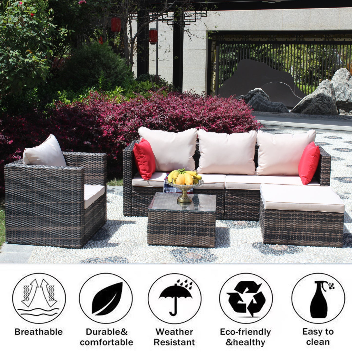Rattan Patio Furniture 4-Piece Set with Sectional Sofa