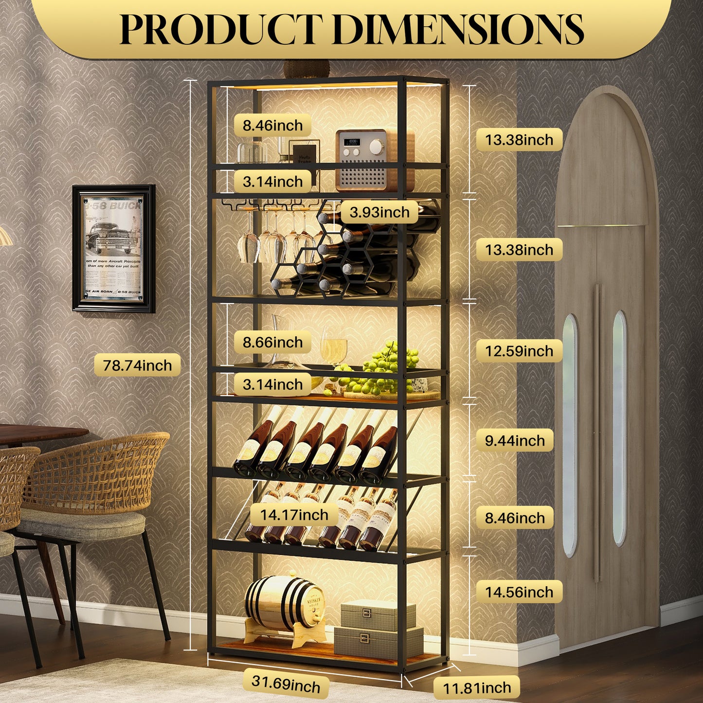 LED Lighted Tall Wine Rack and Adjustable Display Shelves