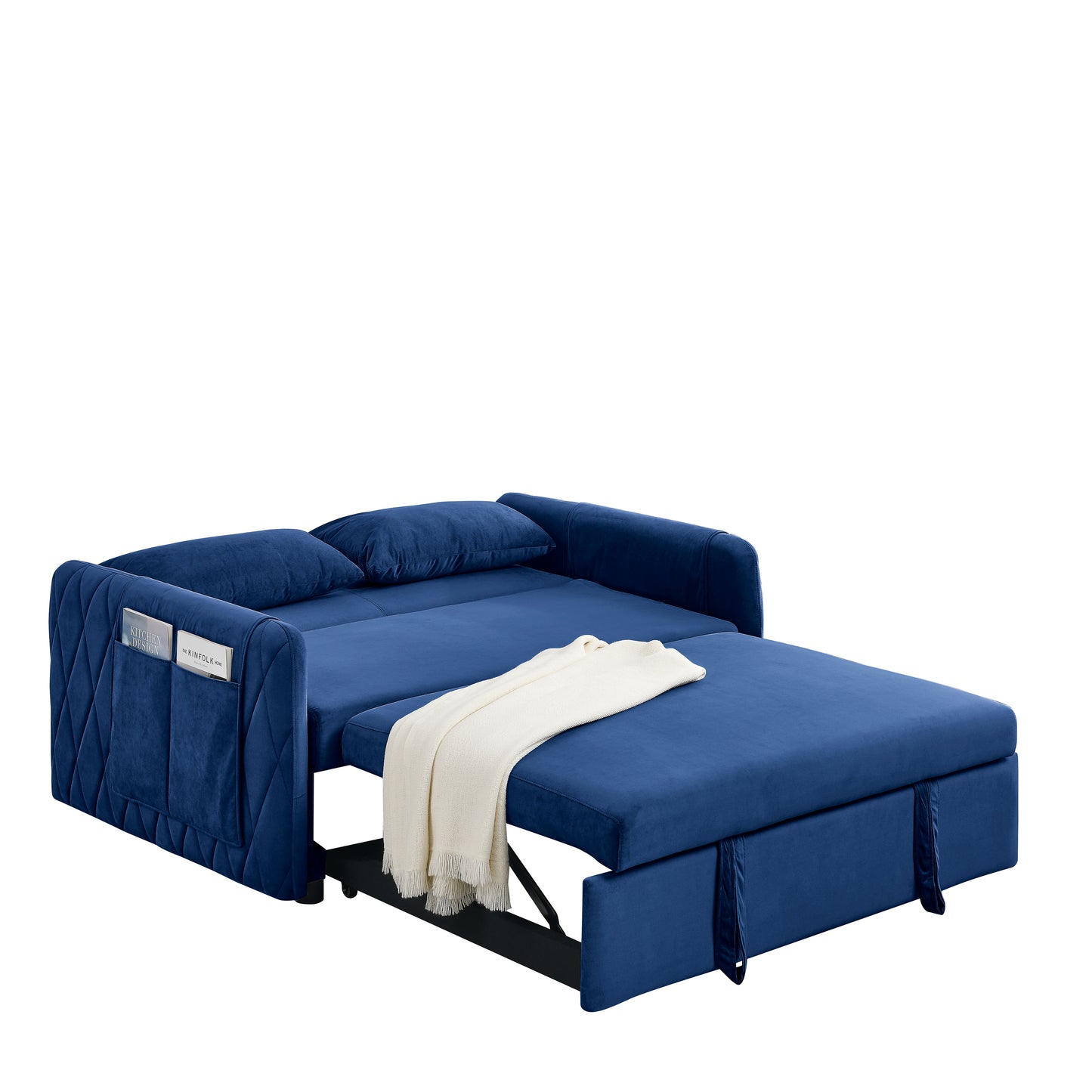 Tufted Blue Modern Convertible Sofa Bed with Detachable Arm Pockets