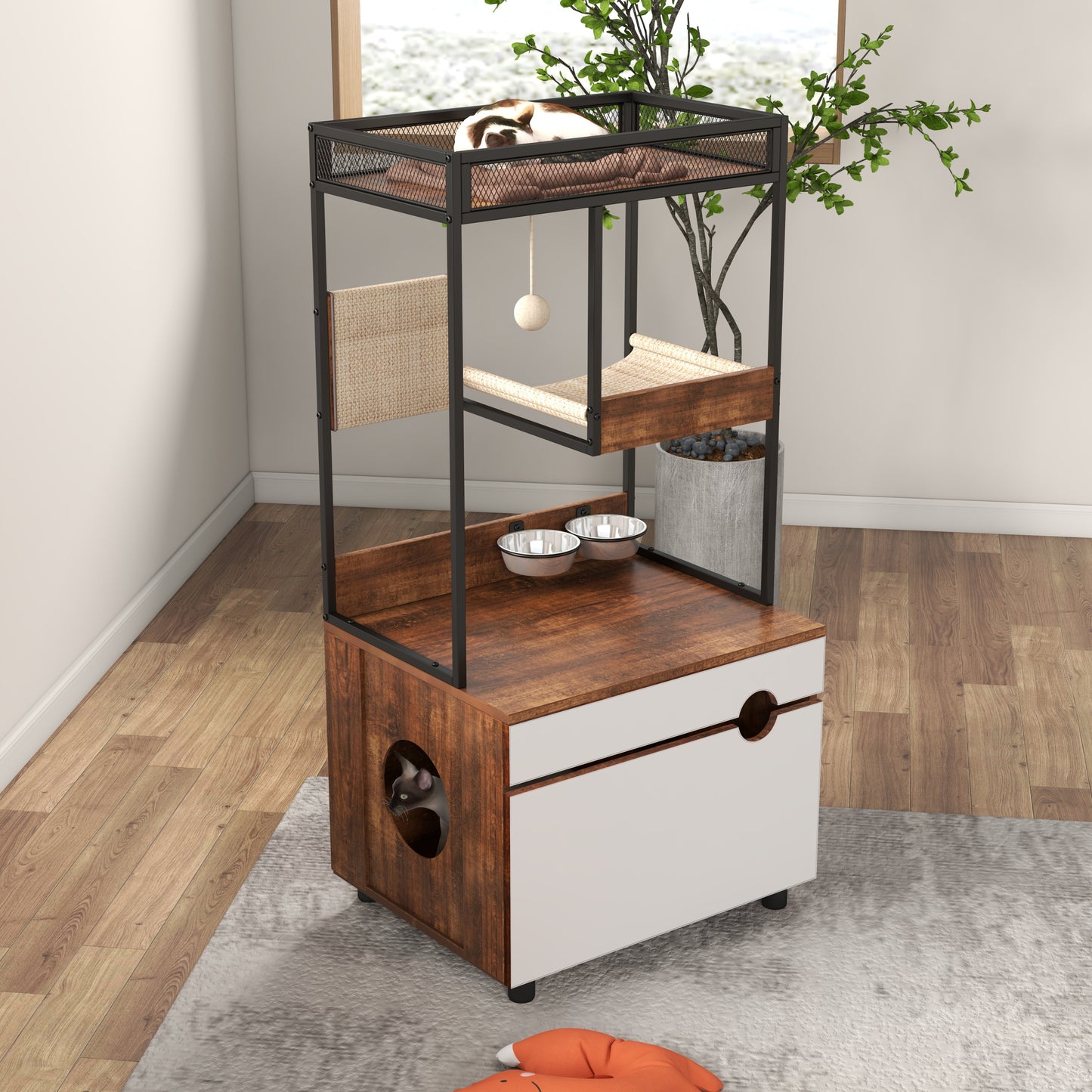 Cat Litter Box Enclosure with Cat Tree Tower, White + Walnut