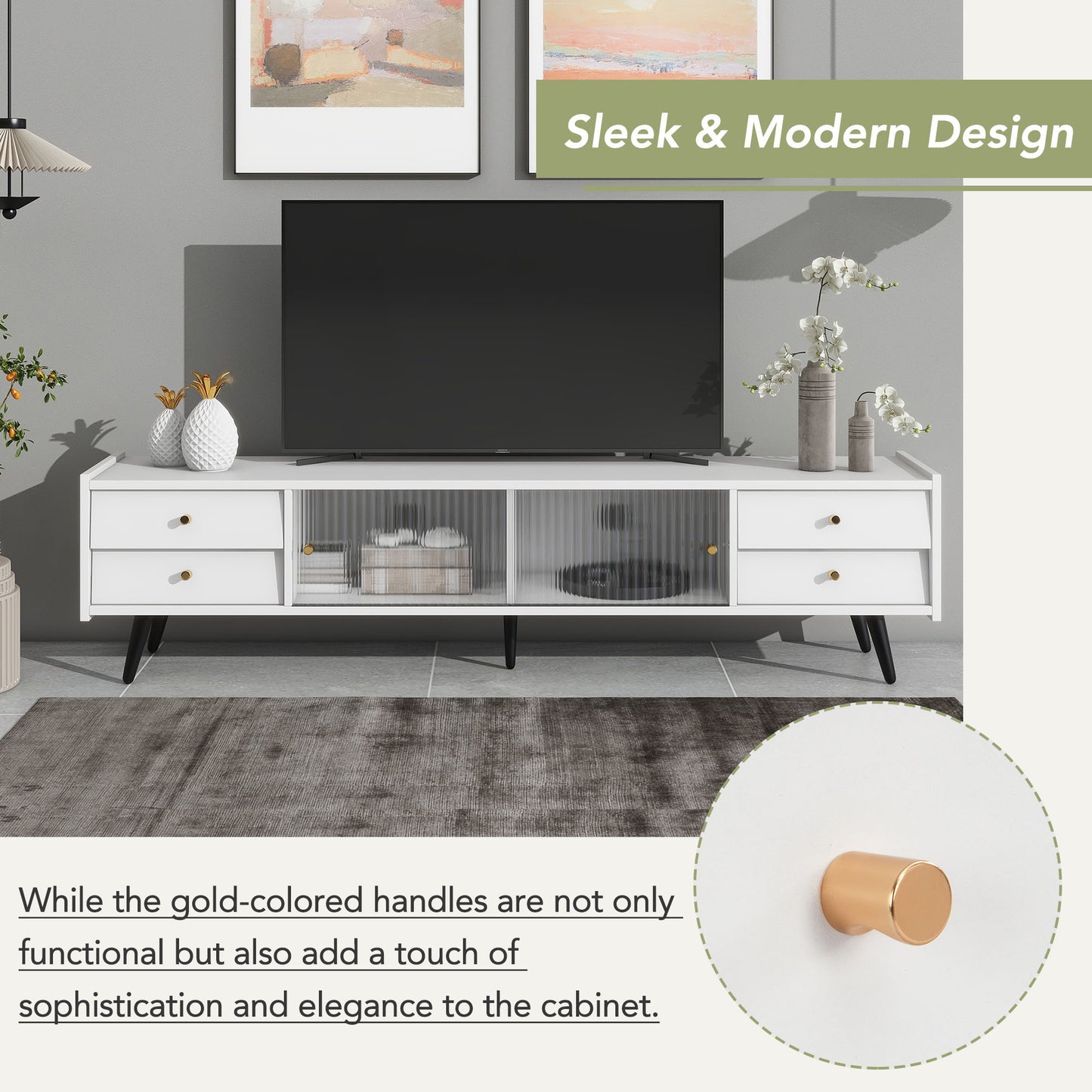 Contemporary White TV Stand with Sliding Glass Doors