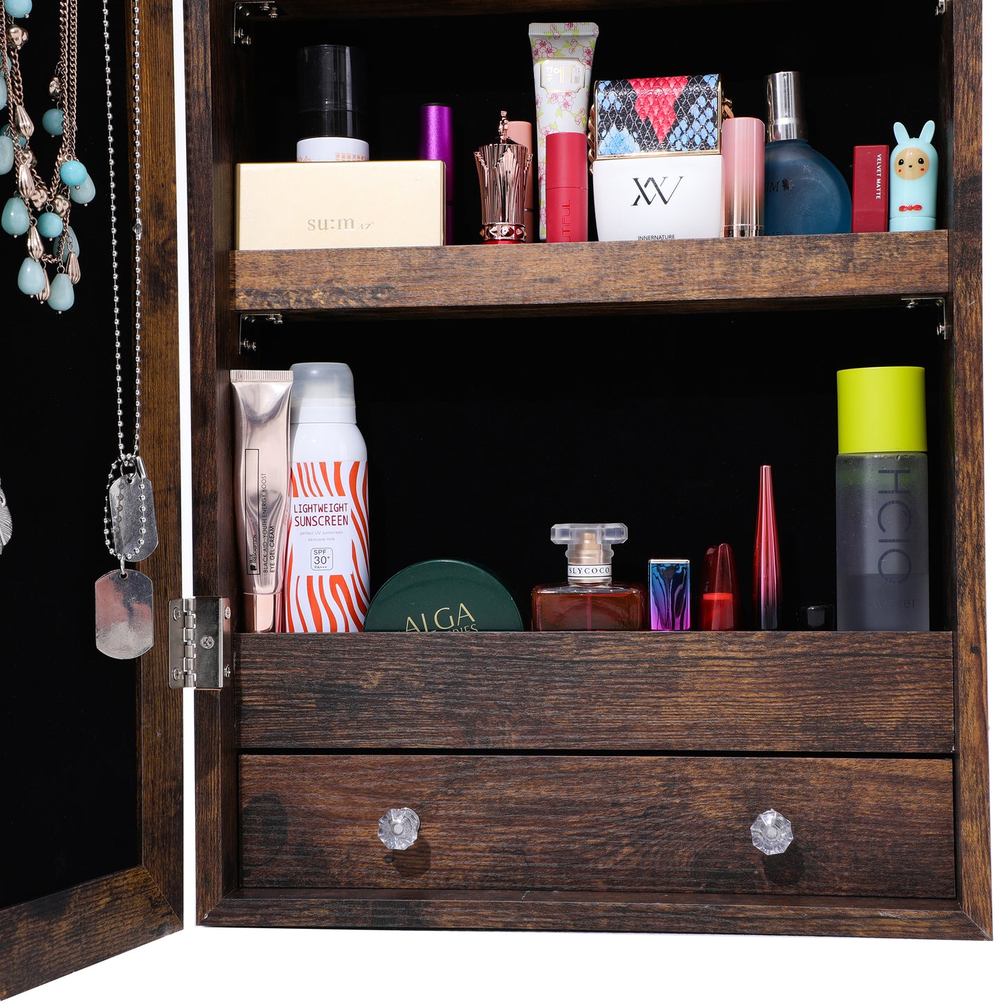 Wall or Door Hung Jewelry Storage Mirror Cabinet, Wood Finish