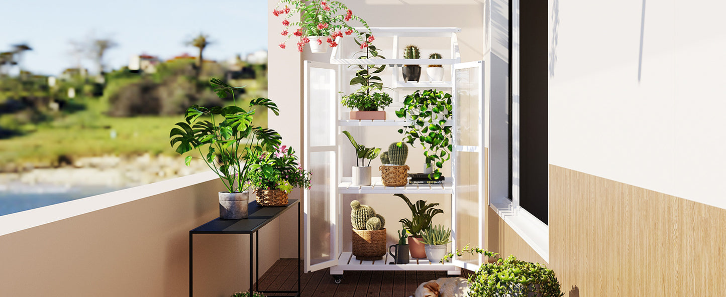 Small Greenhouse on Wheels with Adjustable Shelves for Outdoor or Indoor Use, 62inches tall, White