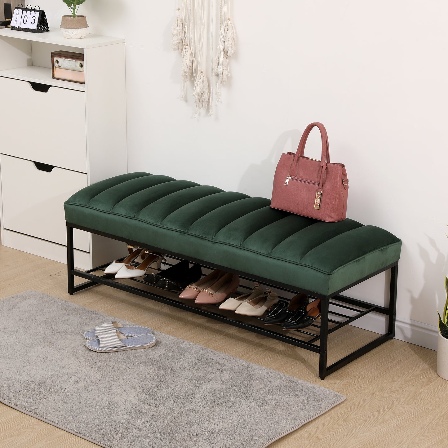 Green Velvet Channel Tufted Ottoman Bench with Storage Shelf